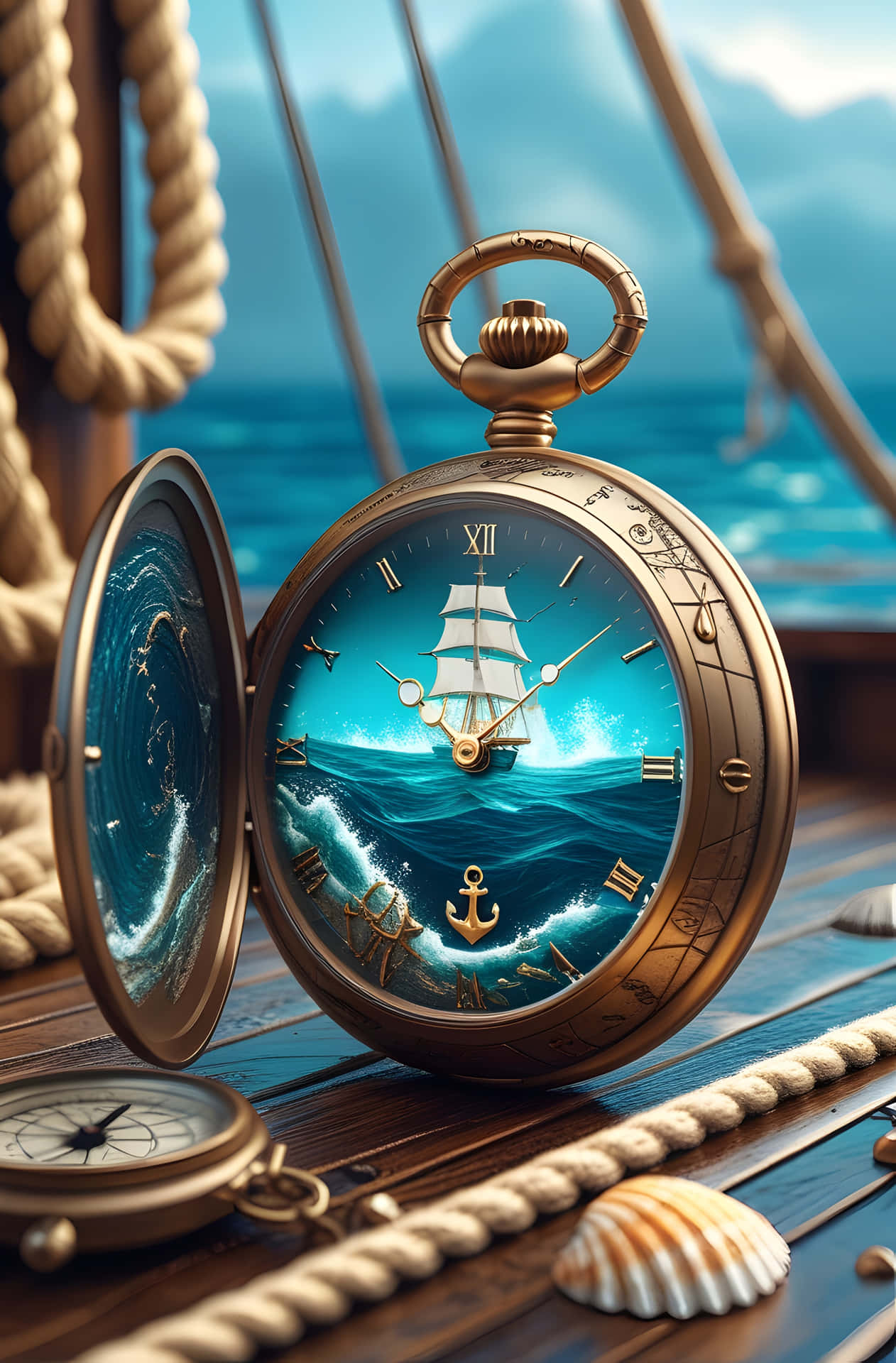 Voyager’s Maritime Timepiece 壁紙 — 一個裝飾華麗的黃銅懷錶在木甲板上打開，顯示一艘帆船在藍綠色波浪上行駛，帶有羅馬數字和錨。