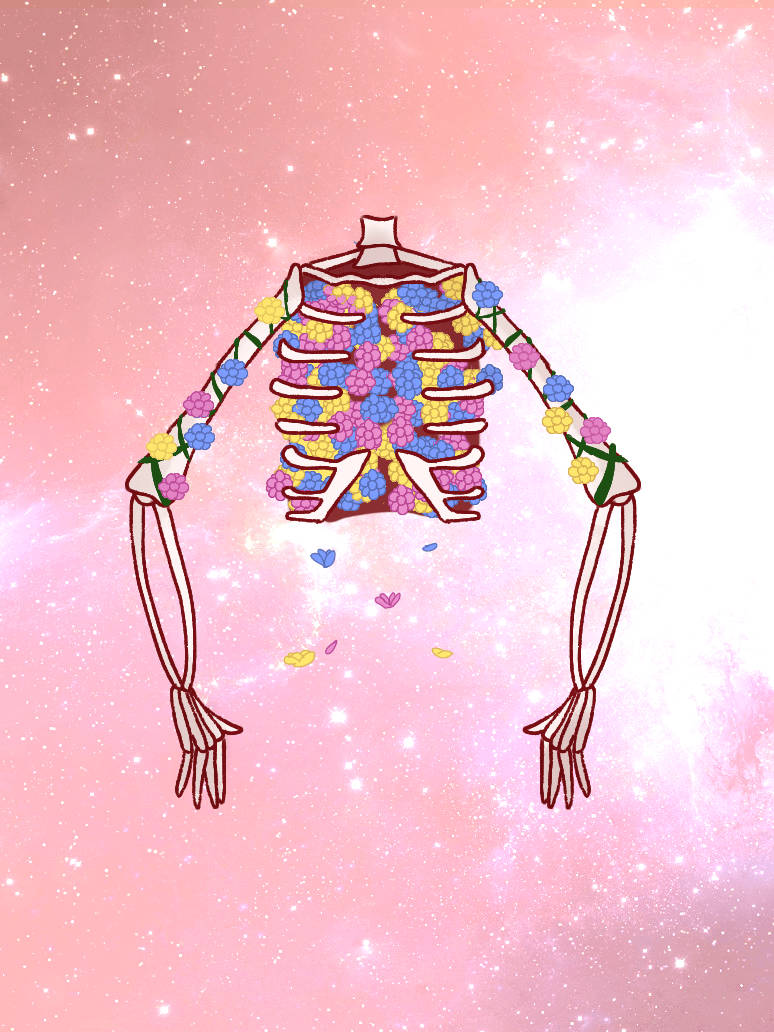 一個花卉骷髏漂浮在粉紅色的星空下，花瓣飄落。 — 骷髏動圖 壁紙