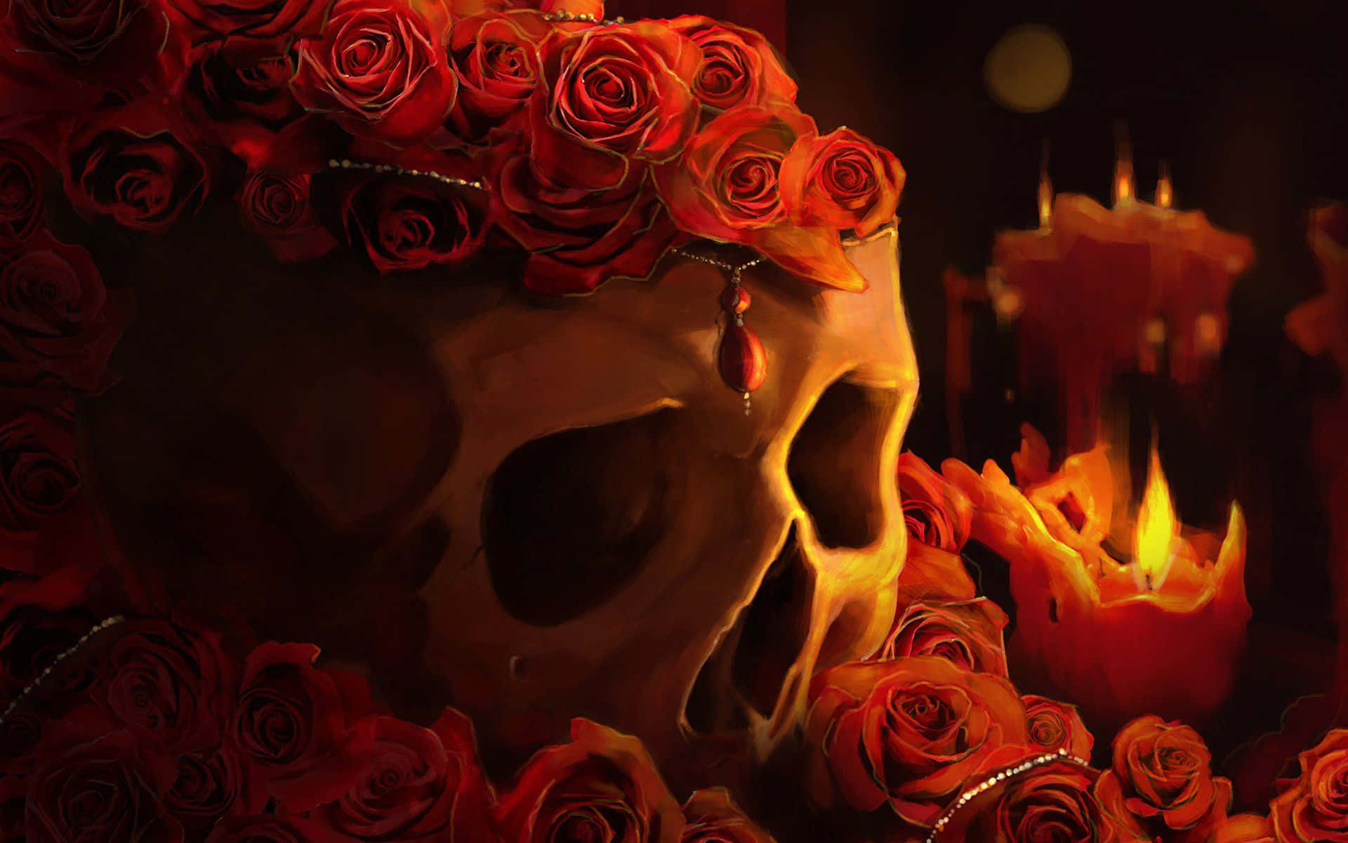 Skulls And Roses 桌布 壁紙 — 一個裝飾著紅玫瑰和吊墜的人類頭骨，在黑暗浪漫的環境中，安放在發光的蠟燭之間。