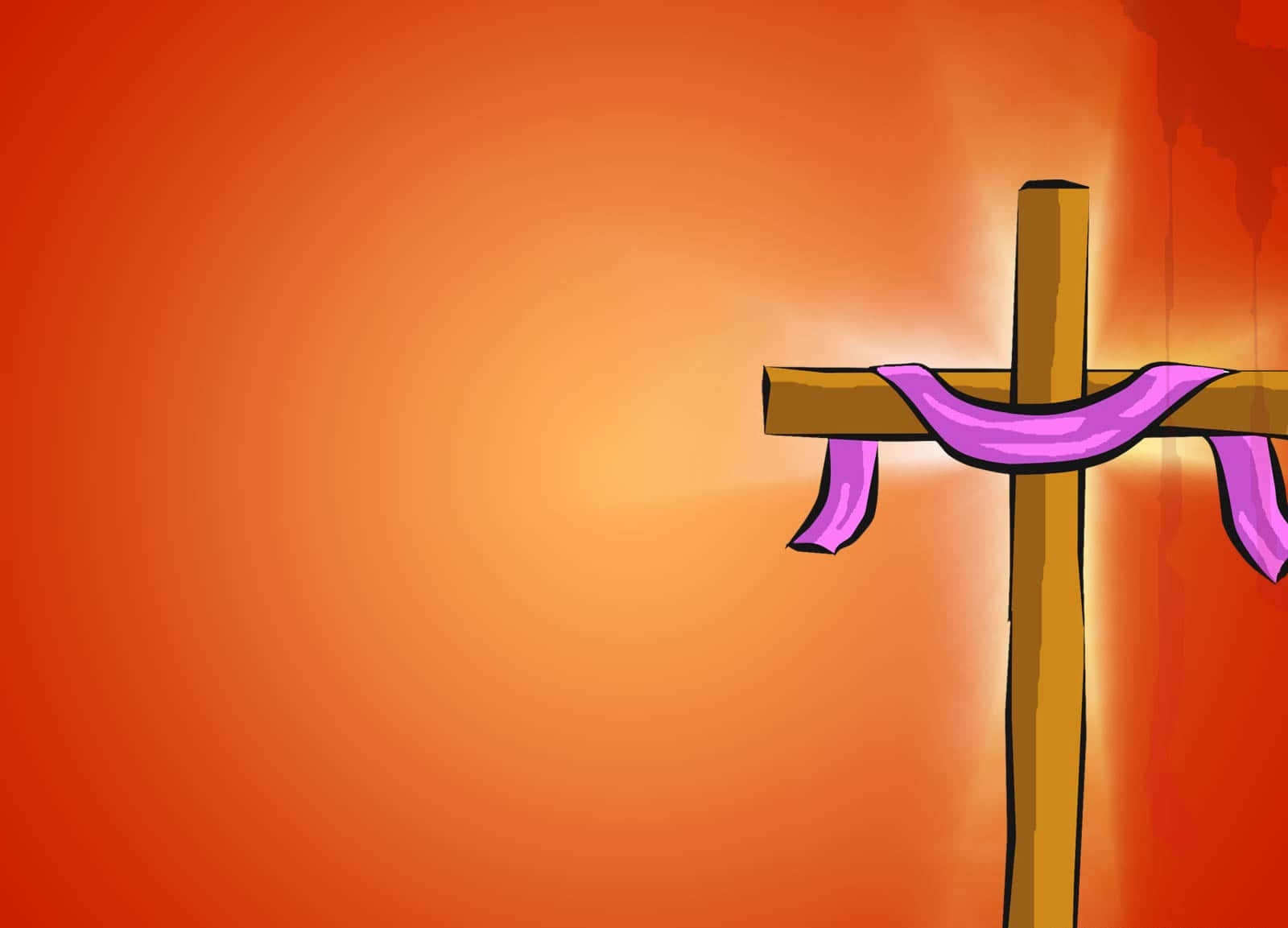 Religious Easter 桌布 壁紙 — 一個裝飾著紫色絲帶的木製十字架，矗立在耀眼的橙色漸變背景前。