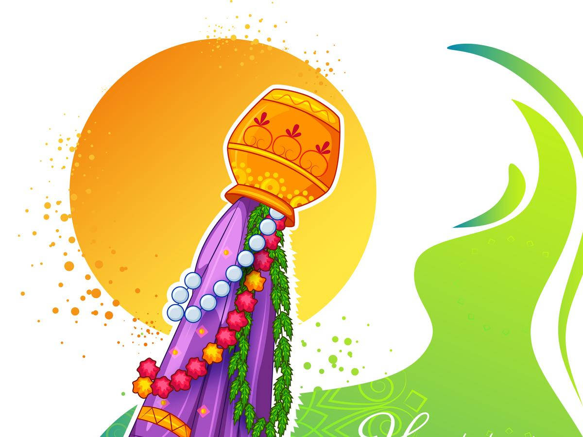 Gudi Padwa 桌布 壁紙 — 一個裝飾過的壺在金色太陽和綠色漩渦背景下，將水倒在紫色布上的鮮豔插圖。