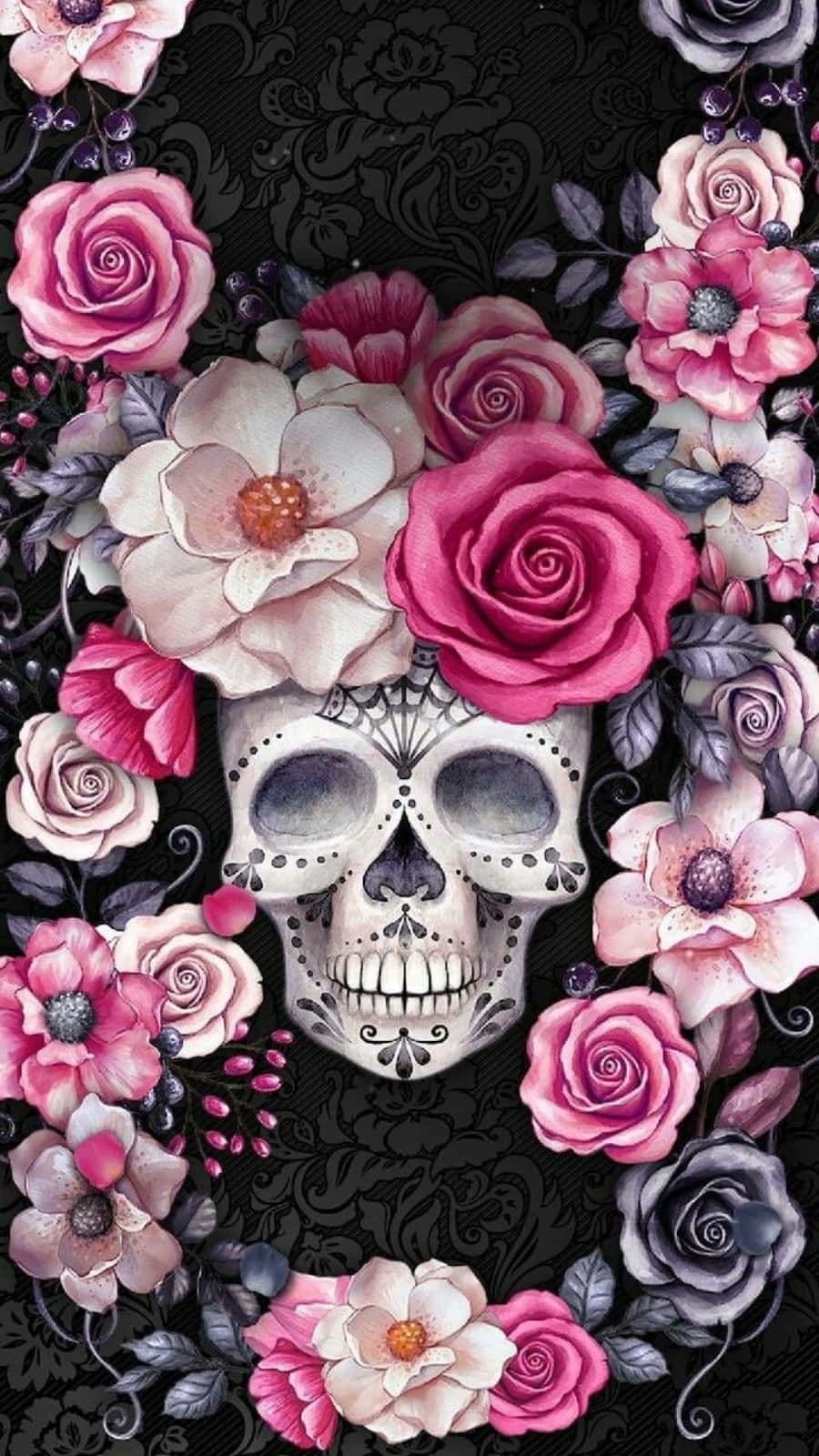 skulls 桌布 壁紙 — 一個裝飾過的頭骨，被鮮豔的粉紅色和紫色玫瑰環繞，背景是黑色錦緞圖案。