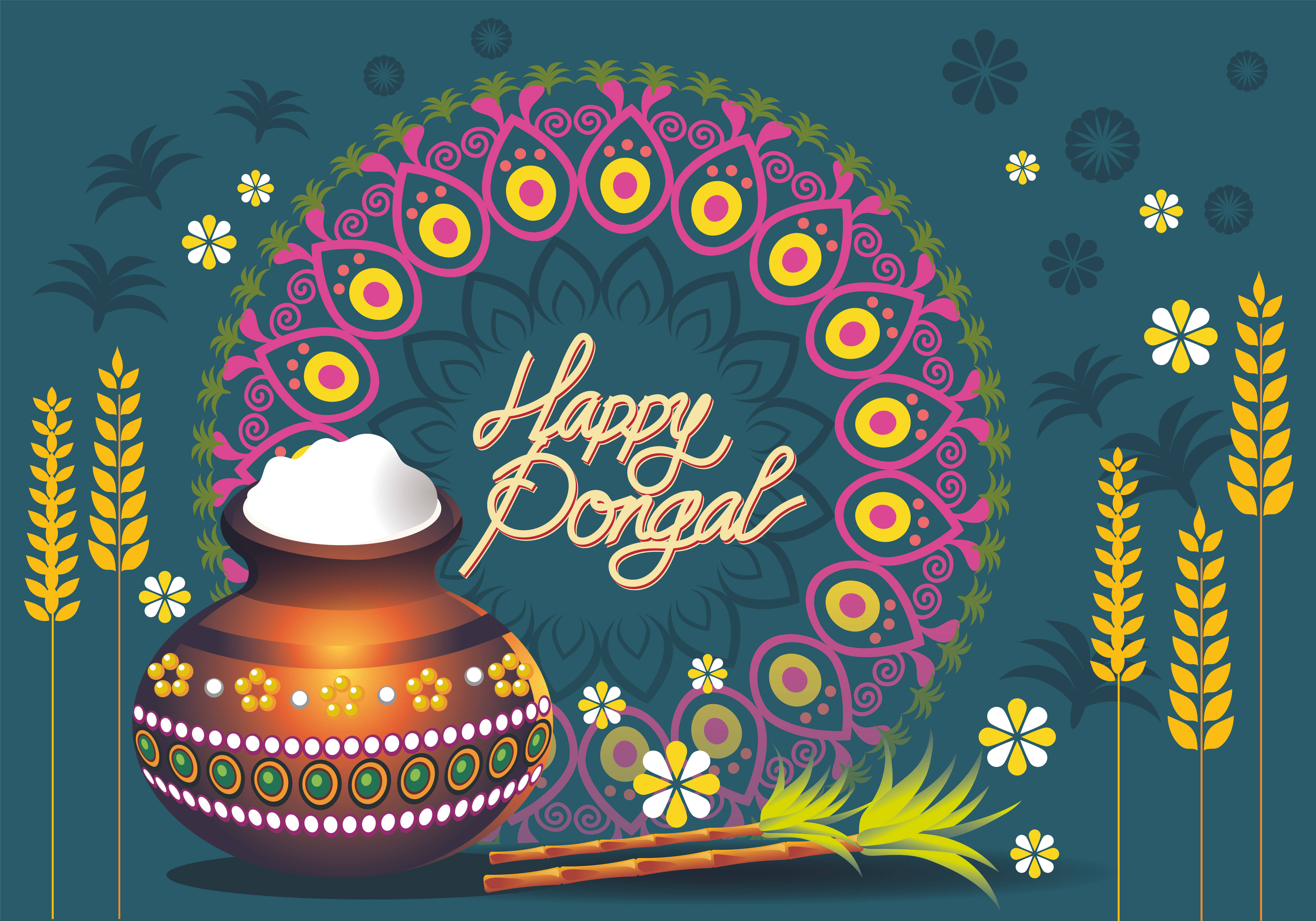 Pongal 桌布 壁紙 — 一個裝飾鍋的節日插圖，裡面有米飯和甘蔗，周圍環繞著色彩繽紛的孔雀羽毛曼陀羅和小麥稈。