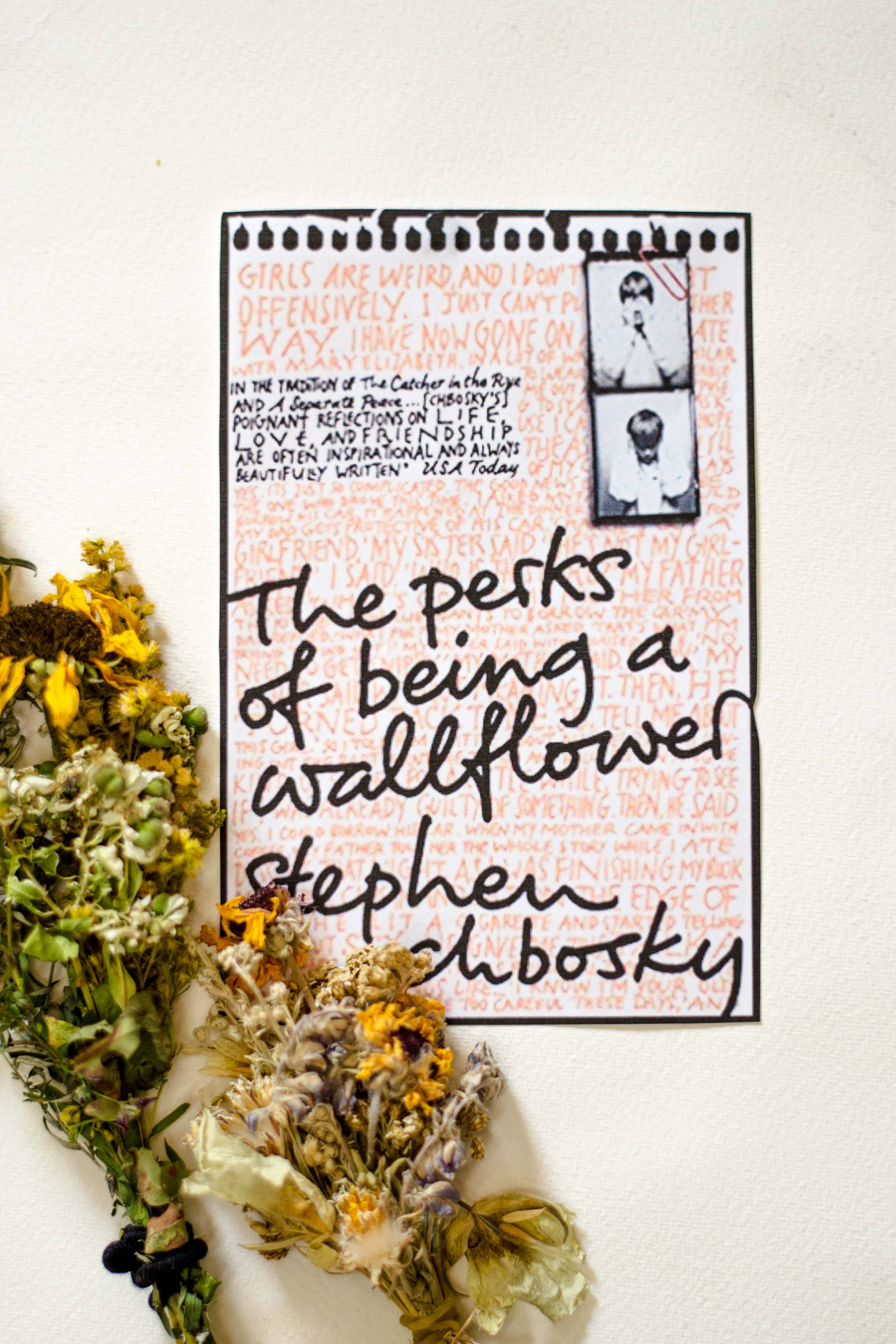 A 桌布 壁紙 — 一個裱框的《The Perks of Being a Wallflower》書封面，周圍放著乾燥的黃色和白色花朵，掛在白色牆上。
