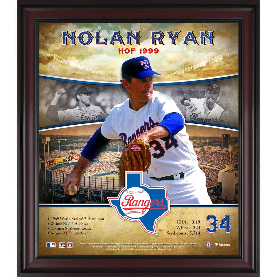 Nolan Ryan 桌布 壁紙 — 一個裱框的致敬作品，展示諾蘭·萊恩的棒球動作照片、統計數據以及入選名人堂的榮譽，並帶有德州遊騎兵隊的品牌標誌。