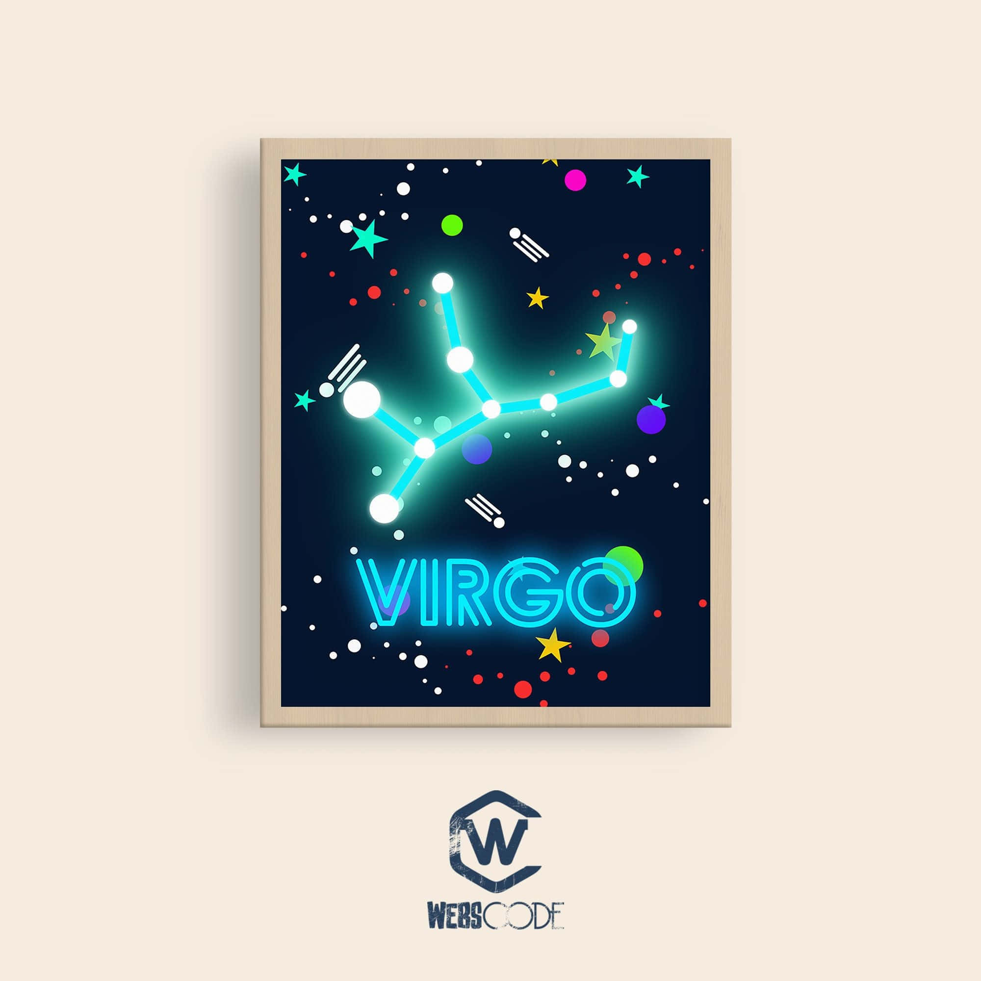 Virgo 桌布 壁紙 — 一個裱框的霓虹風格處女座星座海報，在深藍色背景上有發光的星星和彩色圓點。