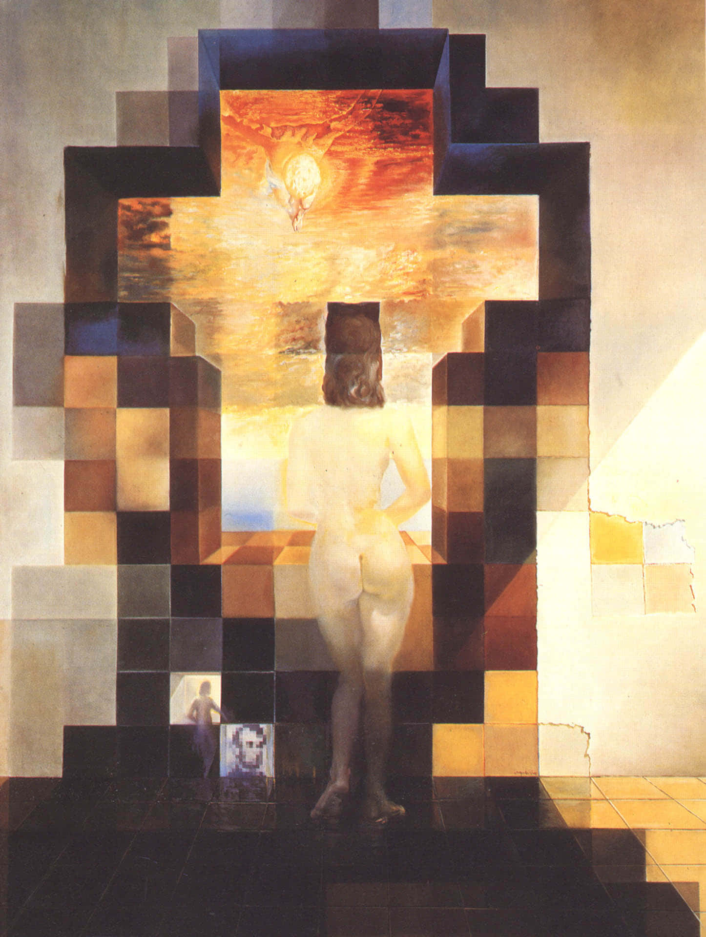 Surreal Art 桌布 壁紙 — 一個裸體人物站在破碎的幾何結構中，仰望光芒四射的天體場景。