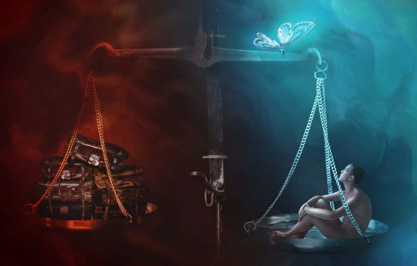 libra 桌布 壁紙 — 一個裸體男人坐在天秤的盤子上，仰望一隻發光的蝴蝶，而沉重的行李箱則掛在黑暗洞穴的另一邊。