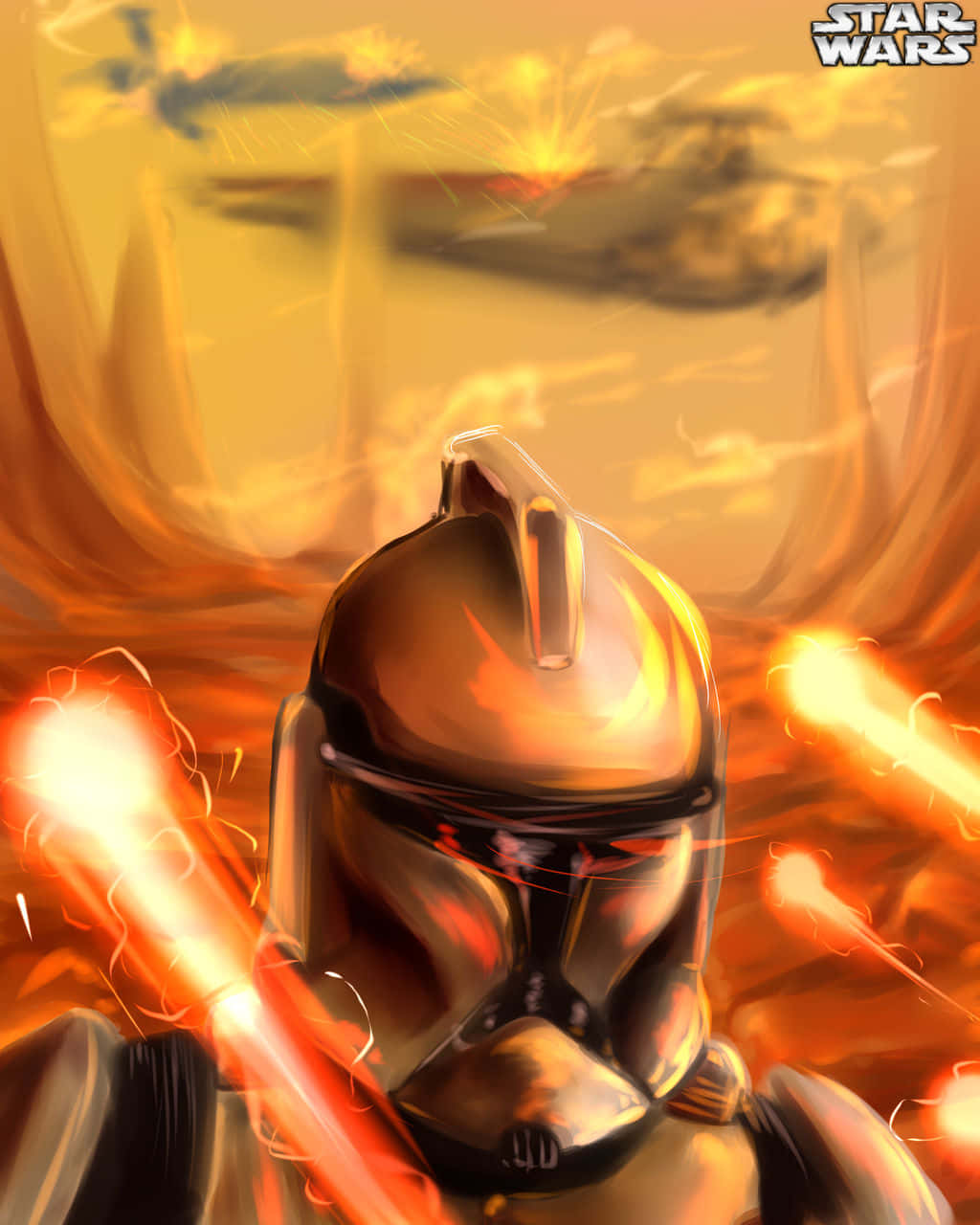 The Battle Of Geonosis 桌布 壁紙 — 一個複製人突擊隊員頭盔在熾熱的橙色爆炸下發光，星際戰鬥機在混亂的天空中戰鬥。