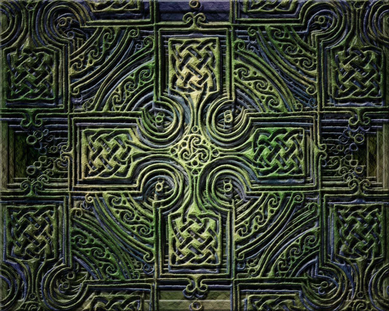 Celtic Irish 桌布 壁紙 — 一個複雜的凱爾特十字架，帶有交織的結飾圖案，色調為苔蘚綠和深藍。