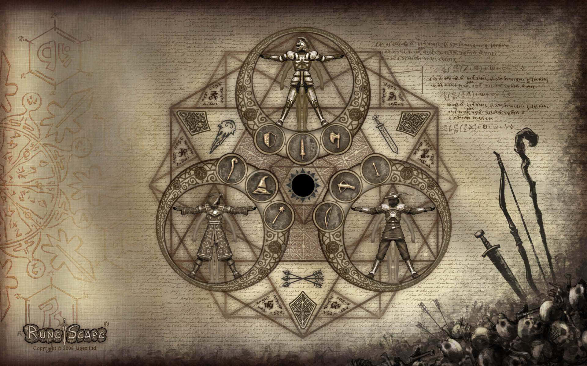 電玩遊戲 桌布 壁紙 — 一個複雜的奇幻圖表，圓形框架內有裝甲人物，周圍環繞著武器和神秘符號，繪於羊皮紙上。