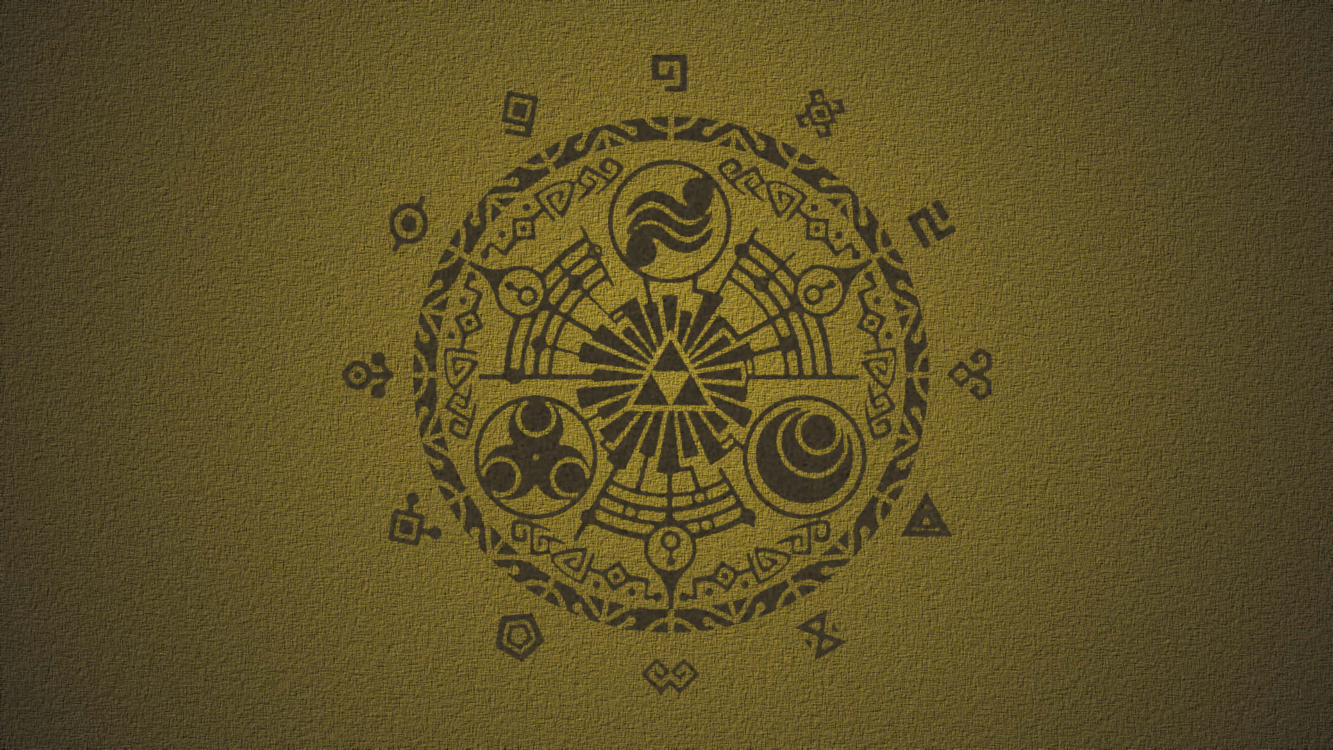 The Legend Of Zelda Hyrule 桌布 壁紙 — 一個複雜的深色符號，帶有神聖幾何和古老圖案，居中在帶有紋理的橄欖綠背景上。