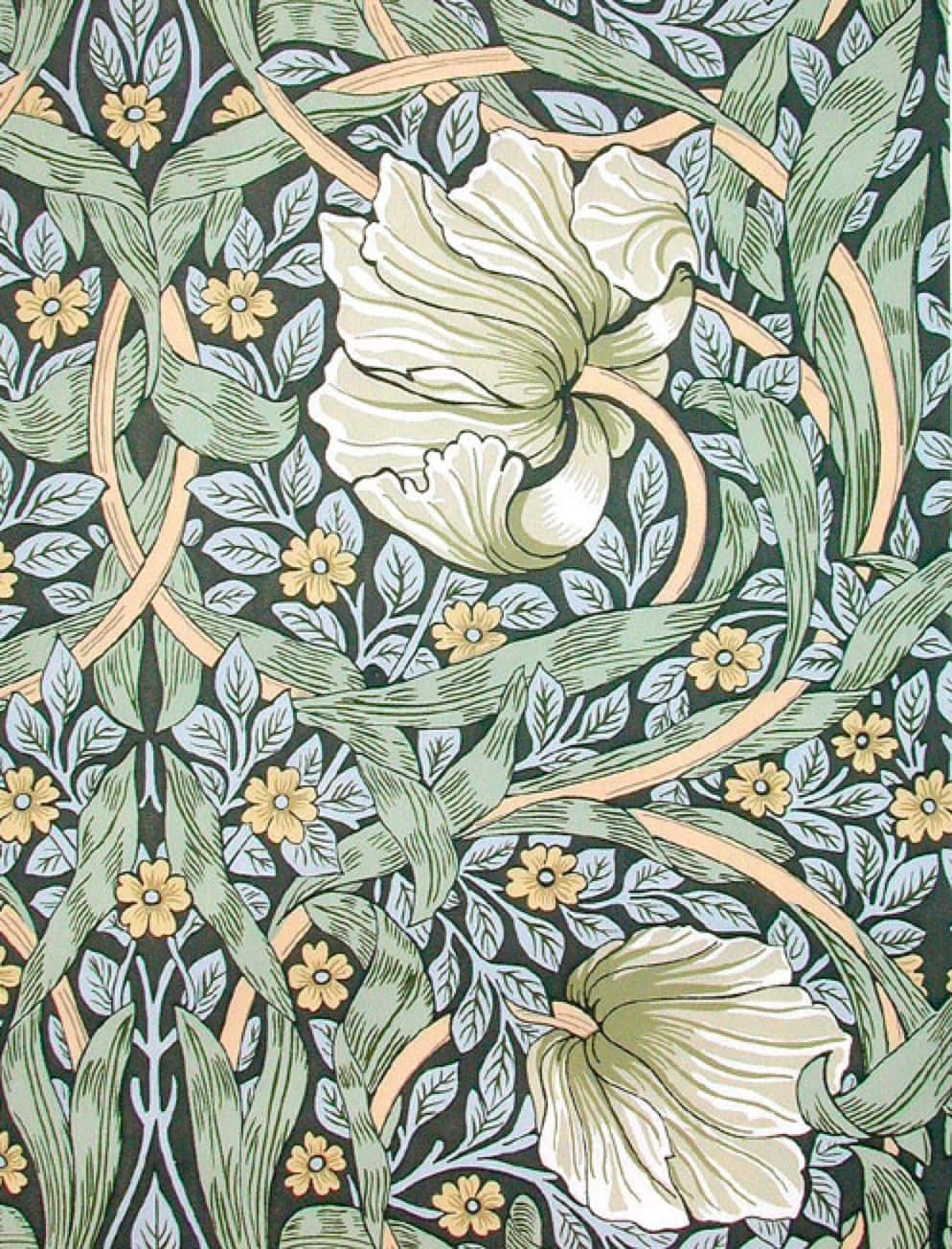 Art Nouveau 桌布 壁紙 — 一個複雜的花卉壁紙圖案，在深色背景上有大朵白色花朵、黃色花朵和綠色葉子。