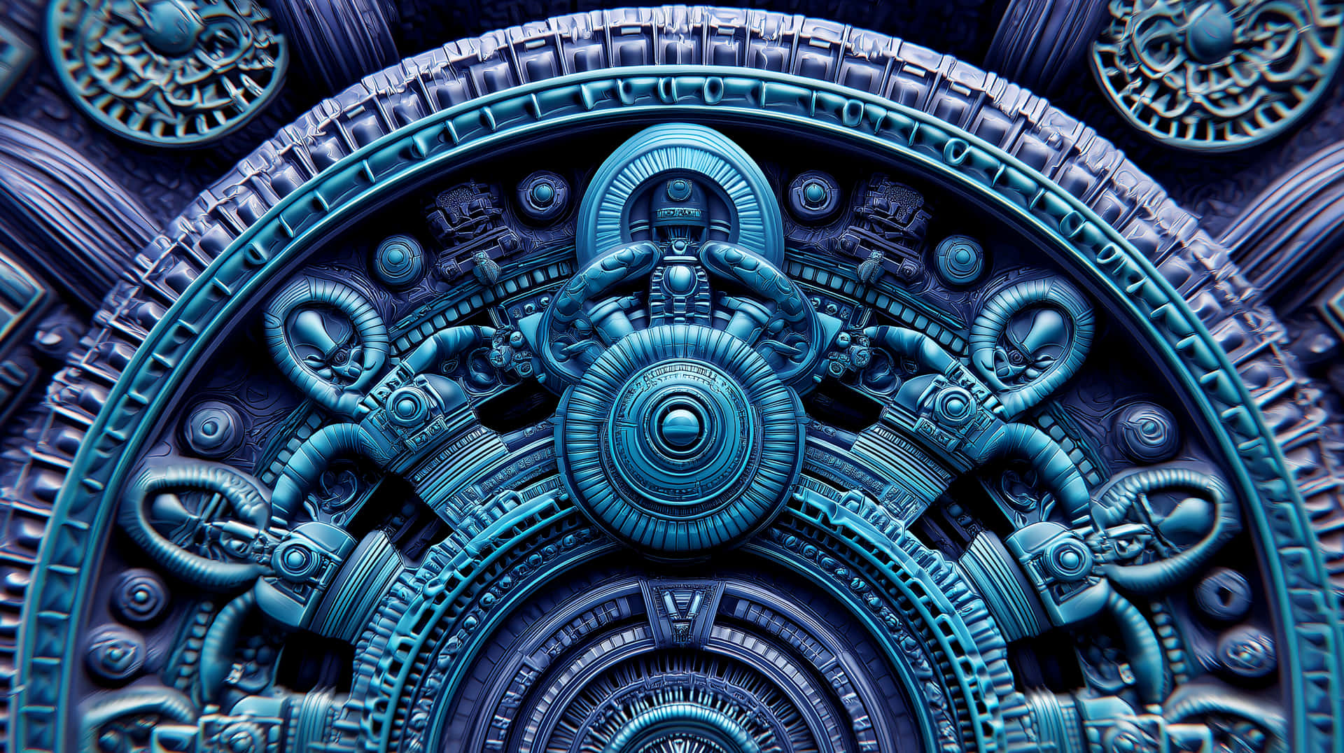 Intricate Abstract Mechanical Design in Cool Tones Detail 壁紙 — 一個複雜的藍綠色和深藍色圓形工藝品，帶有對稱的機械齒輪和向外輻射的華麗圖案。