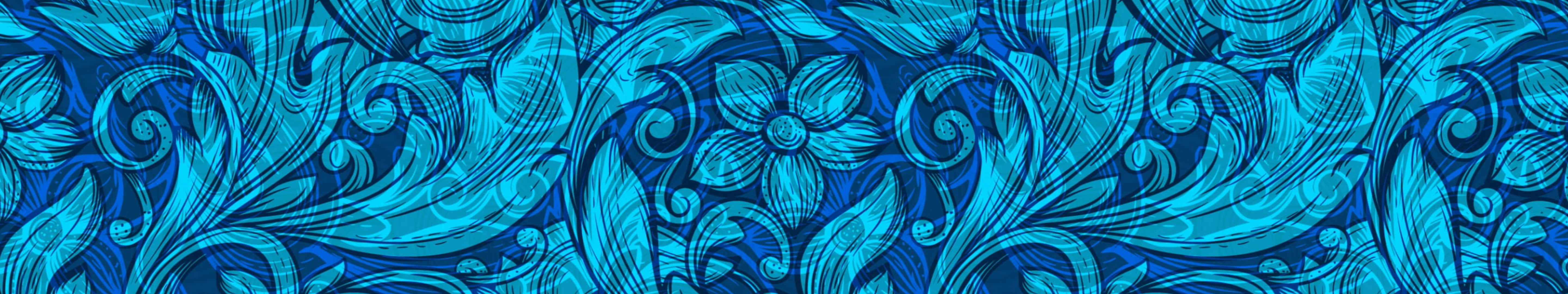 5760x1080 桌布 壁紙 — 一個複雜的藍色花卉圖案，帶有旋轉的藤蔓和風格化的花朵，呈現不同深淺的藍綠色和海軍藍。