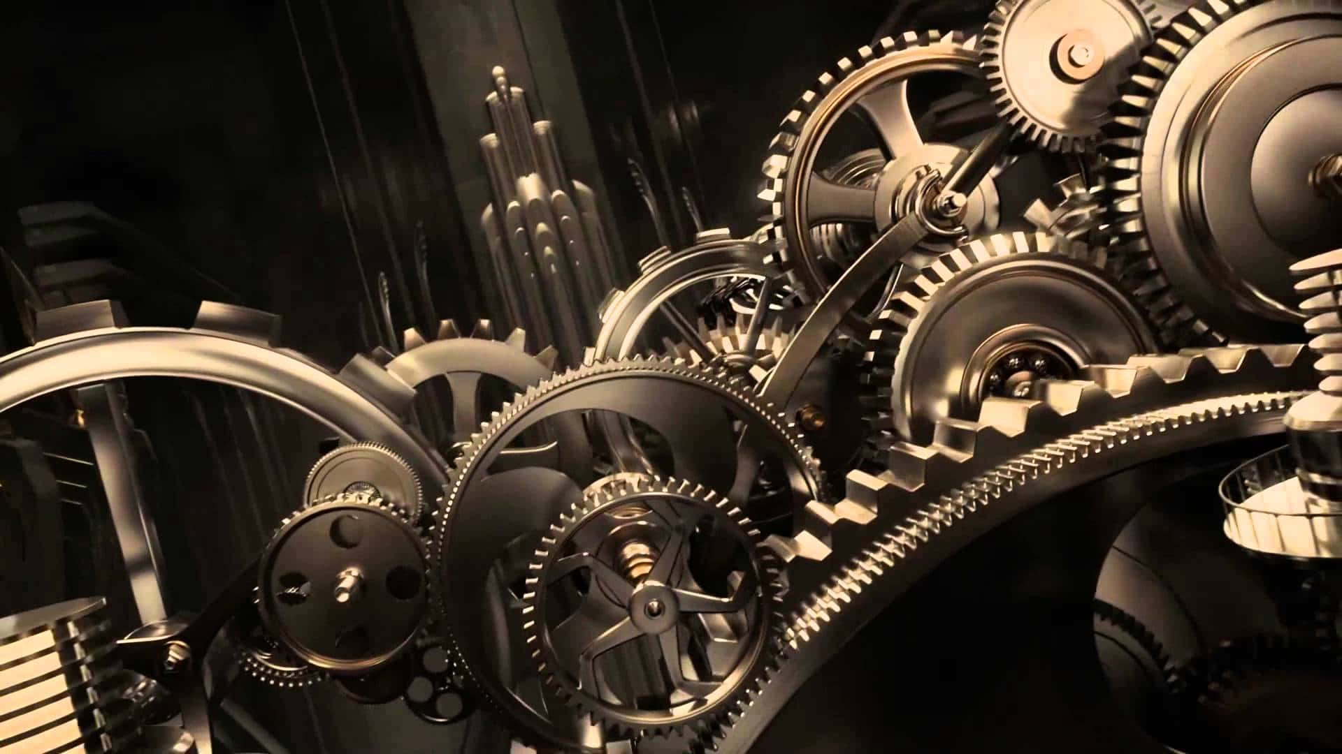 Mechanical Engineering 桌布 壁紙 — 一個複雜的金屬齒輪和嵌齒交錯排列，位於黑暗的工業環境中，帶有戲劇性的燈光。