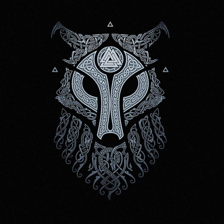 Norse 桌布 壁紙 — 一個複雜的銀色凱爾特生命之樹，帶有角頭和三曲結中心，在黑色背景上發光。