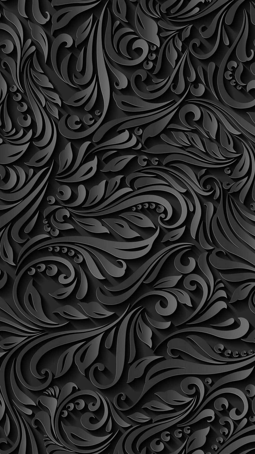 Black Pattern 桌布 壁紙 — 一個複雜的黑灰色3D裝飾圖案，帶有旋轉的葉子和藤蔓，營造出豪華的紋理壁紙。