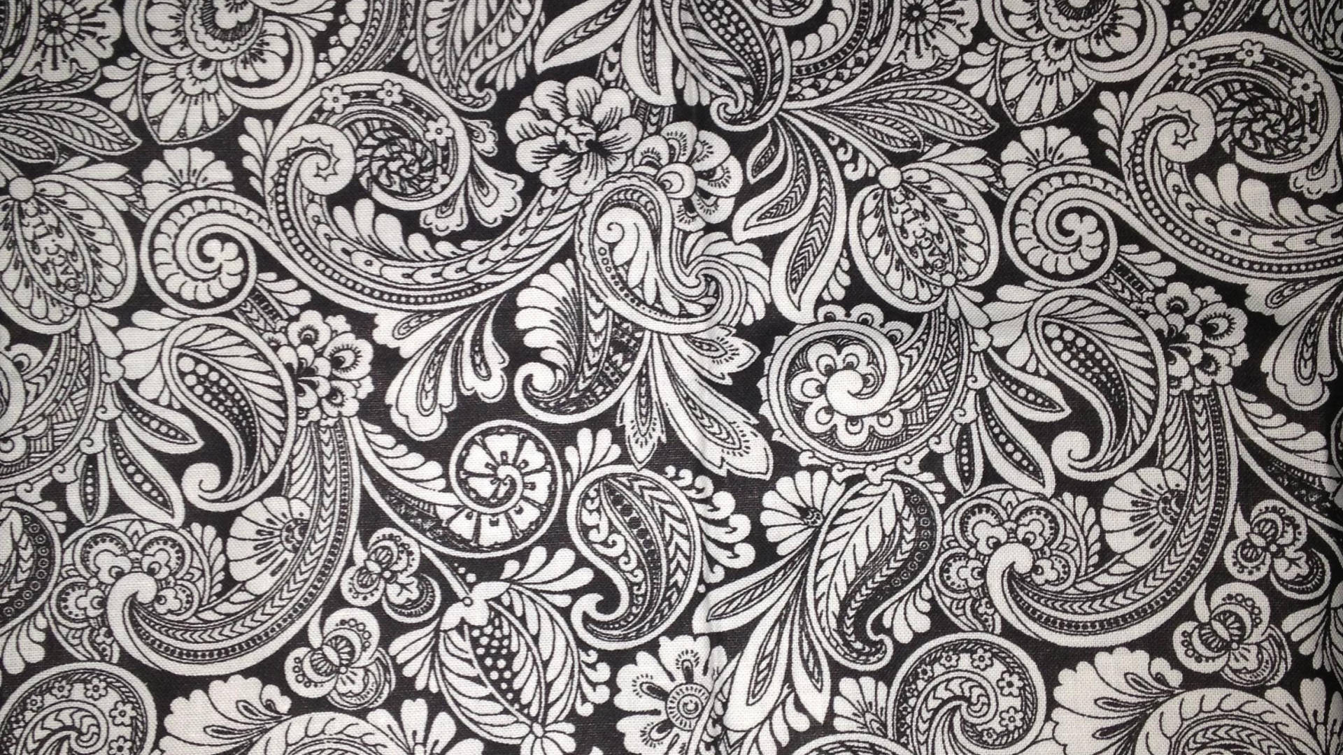 Paisley 桌布 壁紙 — 一個複雜的黑白佩斯利圖案，在紋理織物表面上帶有旋轉的花卉圖案和精細的鏤空細節。