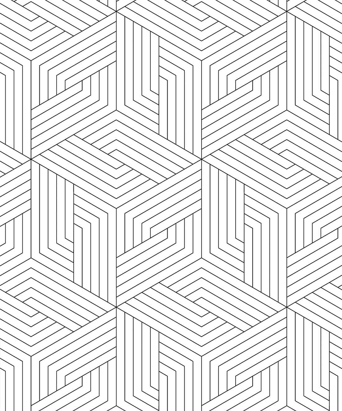 Black And White Geometric 桌布 壁紙 — 一個複雜的黑白幾何圖案，由重複的3D立方體形狀組成，帶有銳利的角線。
