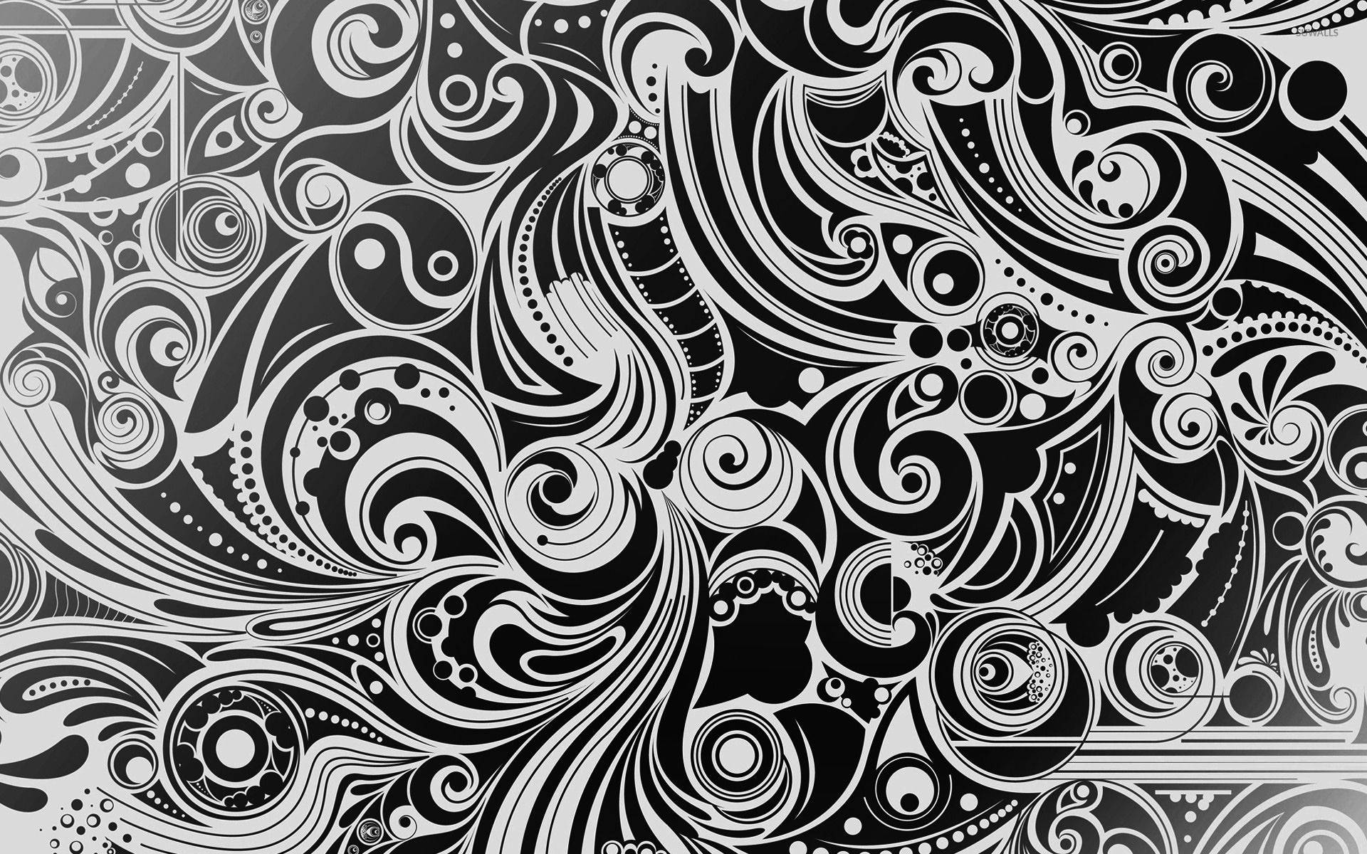 Pain Black And White 桌布 壁紙 — 一個複雜的黑白抽象圖案，充滿了漩渦狀的佩斯利形狀和圓點。