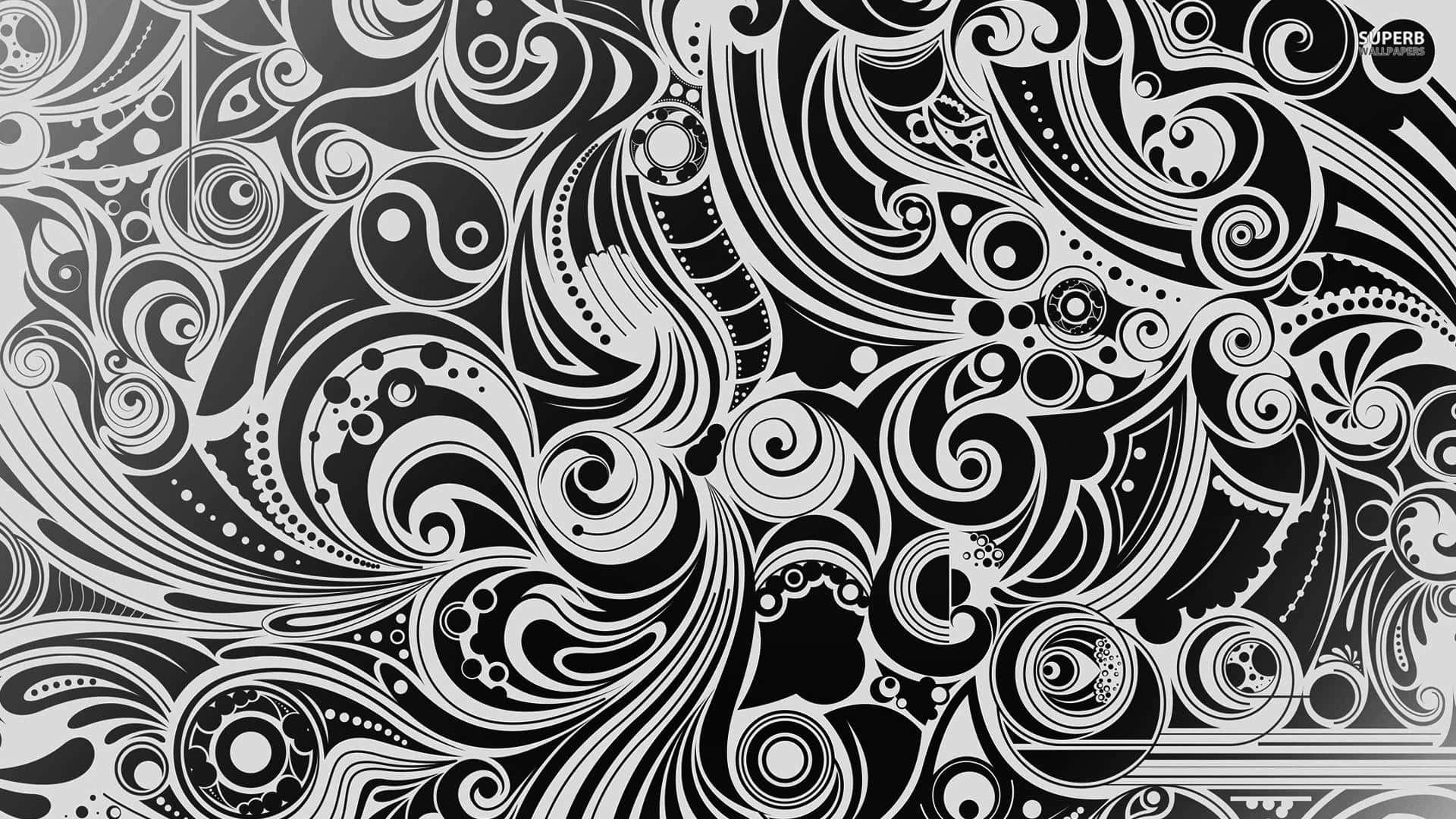 Black And White Abstract 桌布 壁紙 — 一個複雜的黑白抽象圖案，充滿了漩渦狀的有機形狀和圓形圖案。