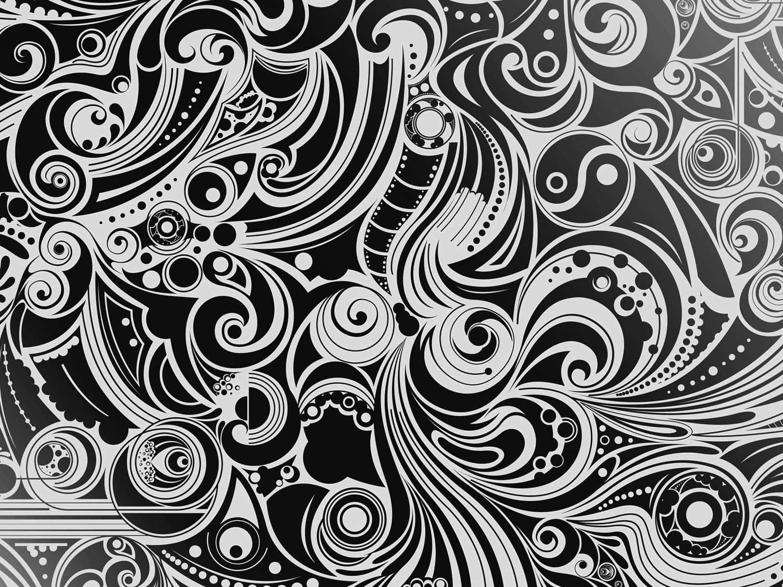 Black And White Pattern 桌布 壁紙 — 一個複雜的黑白抽象圖案，帶有漩渦狀有機形狀和圓形圖案。