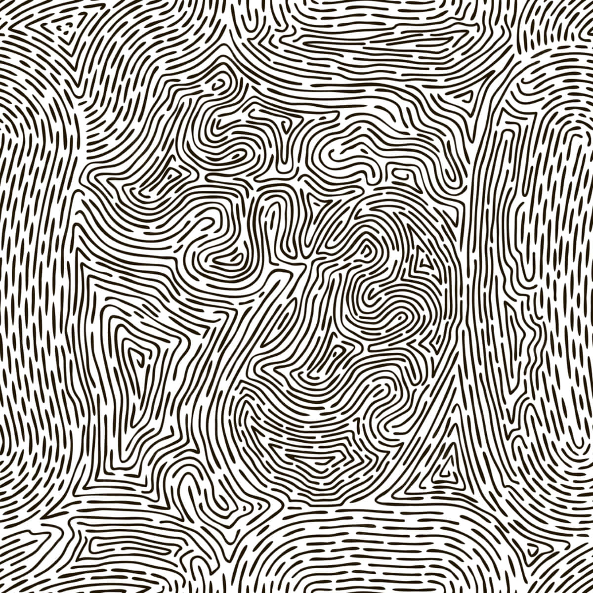 Fingerprint 桌布 壁紙 — 一個複雜的黑白抽象圖案，由流動的曲線組成，營造出催眠般的迷宮質感。
