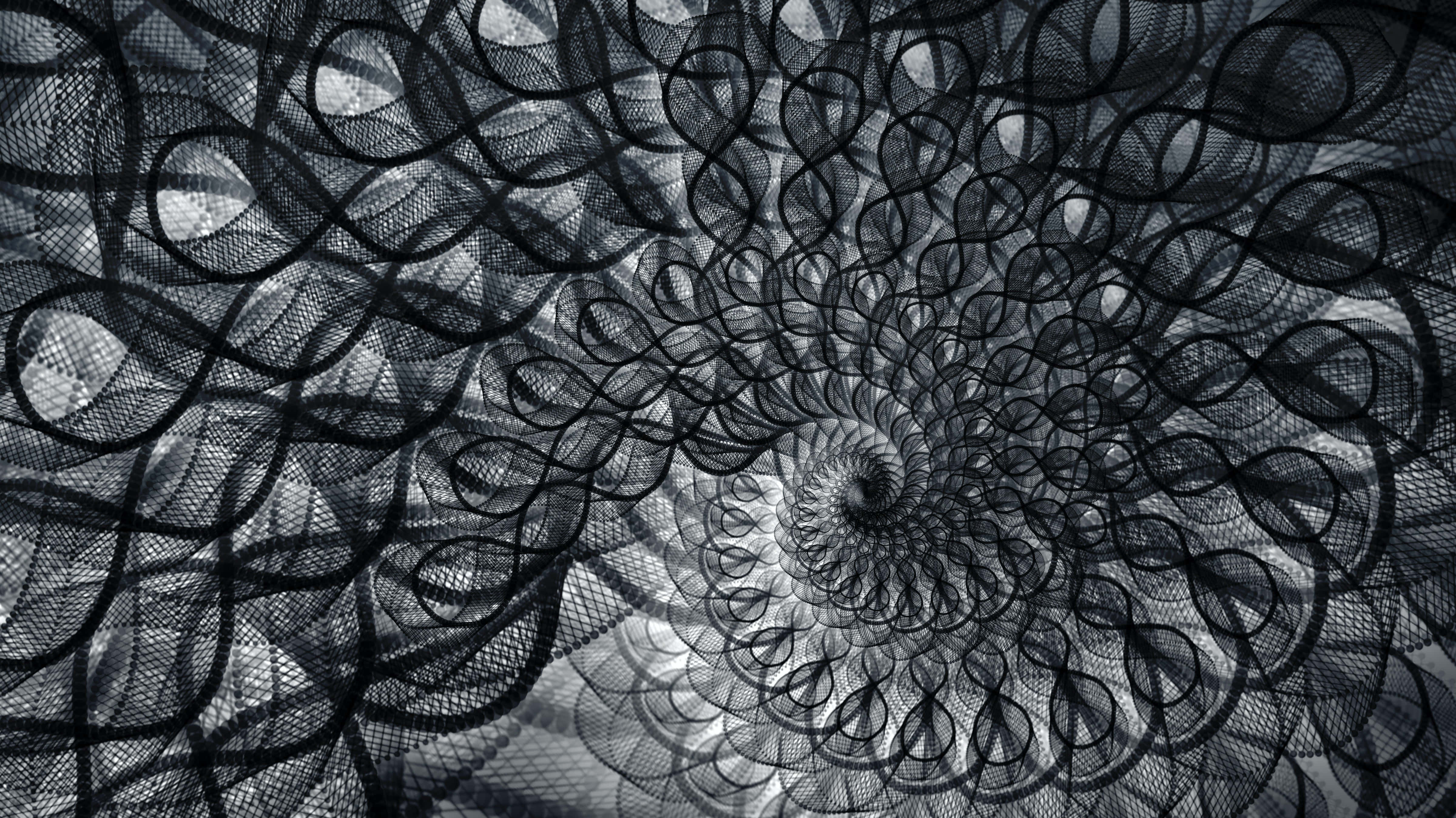 Black And White Abstract 桌布 壁紙 — 一個複雜的黑白碎形螺旋圖案，帶有重複的環狀網格紋理，向中心漩渦匯聚。
