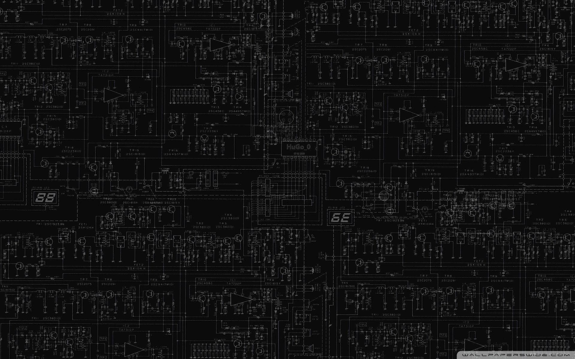 Circuit 桌布 壁紙 — 一個複雜的黑白示意圖，充滿電路符號和數字讀數。