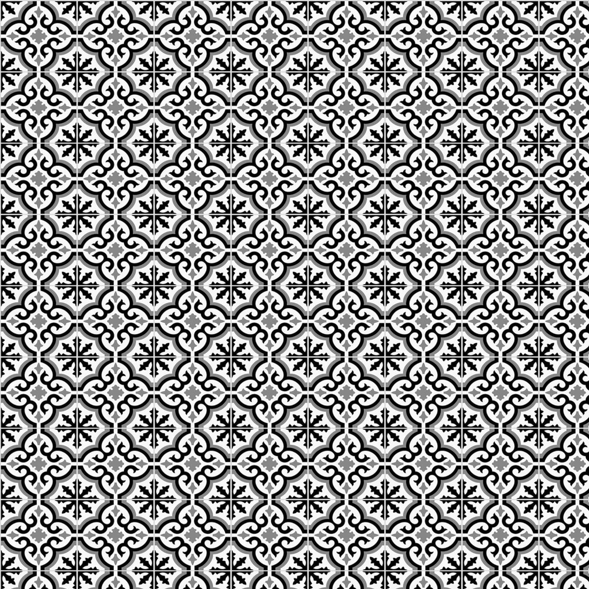 Black And White Geometric 桌布 壁紙 — 一個複雜的黑白重複瓷磚圖案，帶有華麗的花卉和幾何圖案。