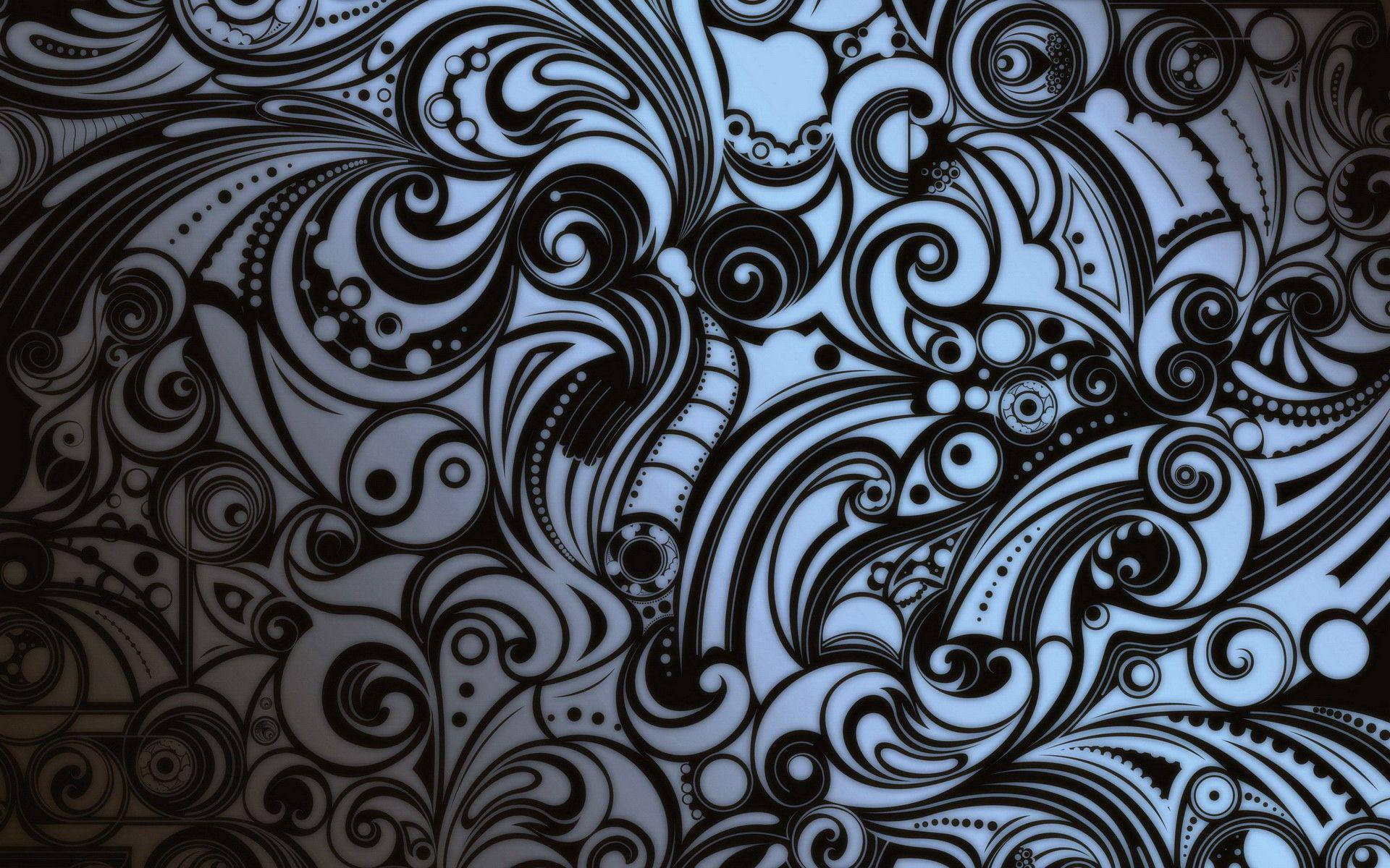 Tattoo 桌布 壁紙 — 一個複雜的黑色和淺藍色抽象圖案，帶有漩渦狀有機形狀和點狀細節。