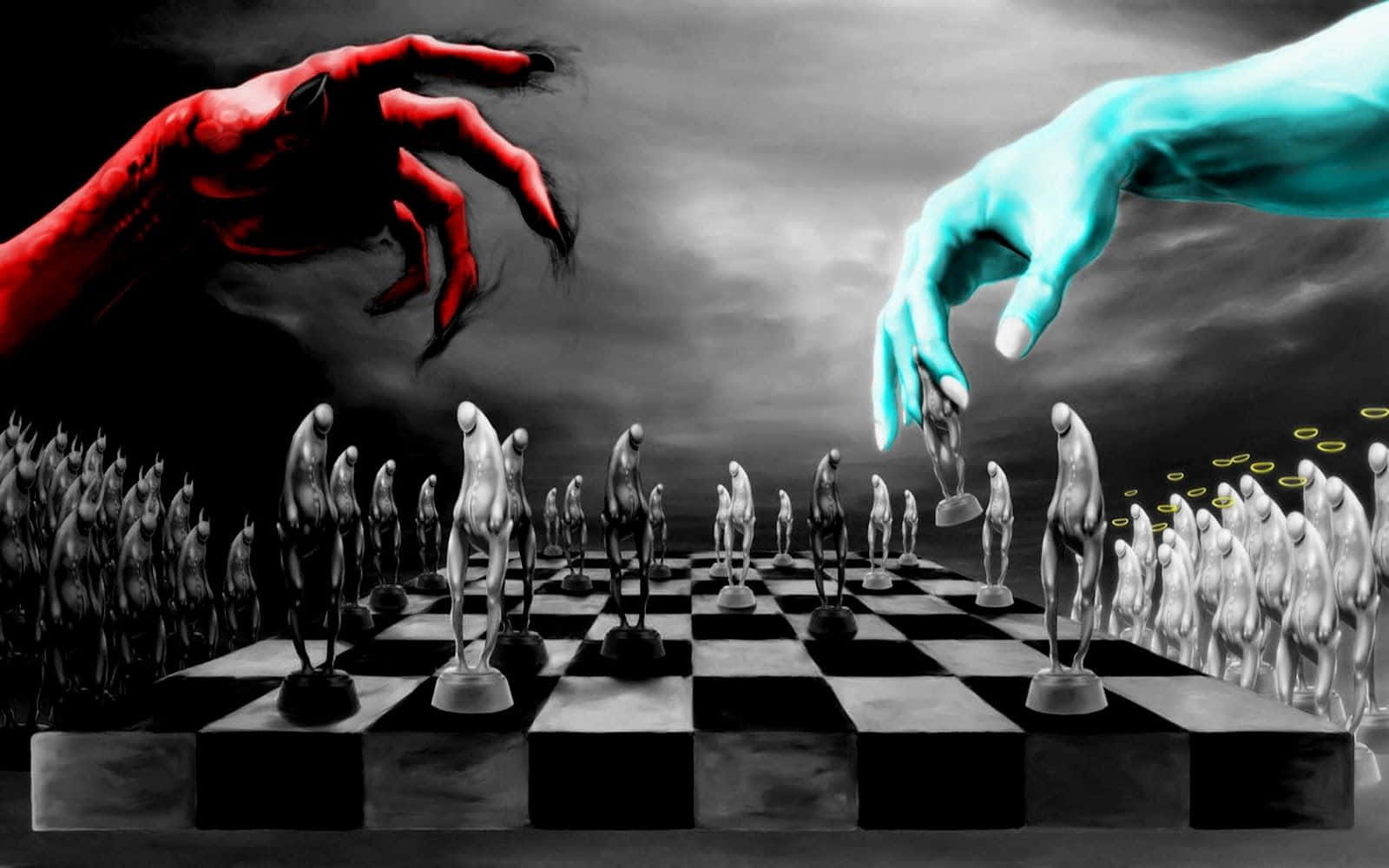 一個西洋棋盤，兩雙手正伸手抓向國王棋 壁紙