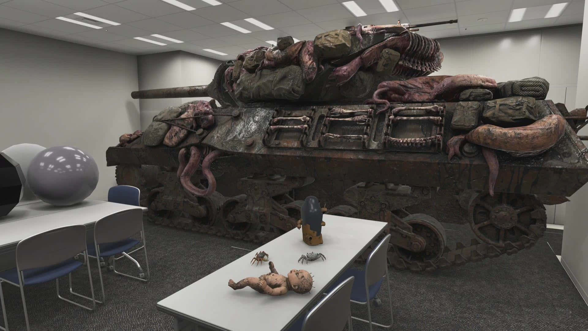 death stranding iPhone 桌布 壁紙 — 一個覆蓋著腐爛肉體和器官的怪誕坦克，坐在一個有桌子、椅子和一個嬰兒娃娃的無菌辦公室裡。