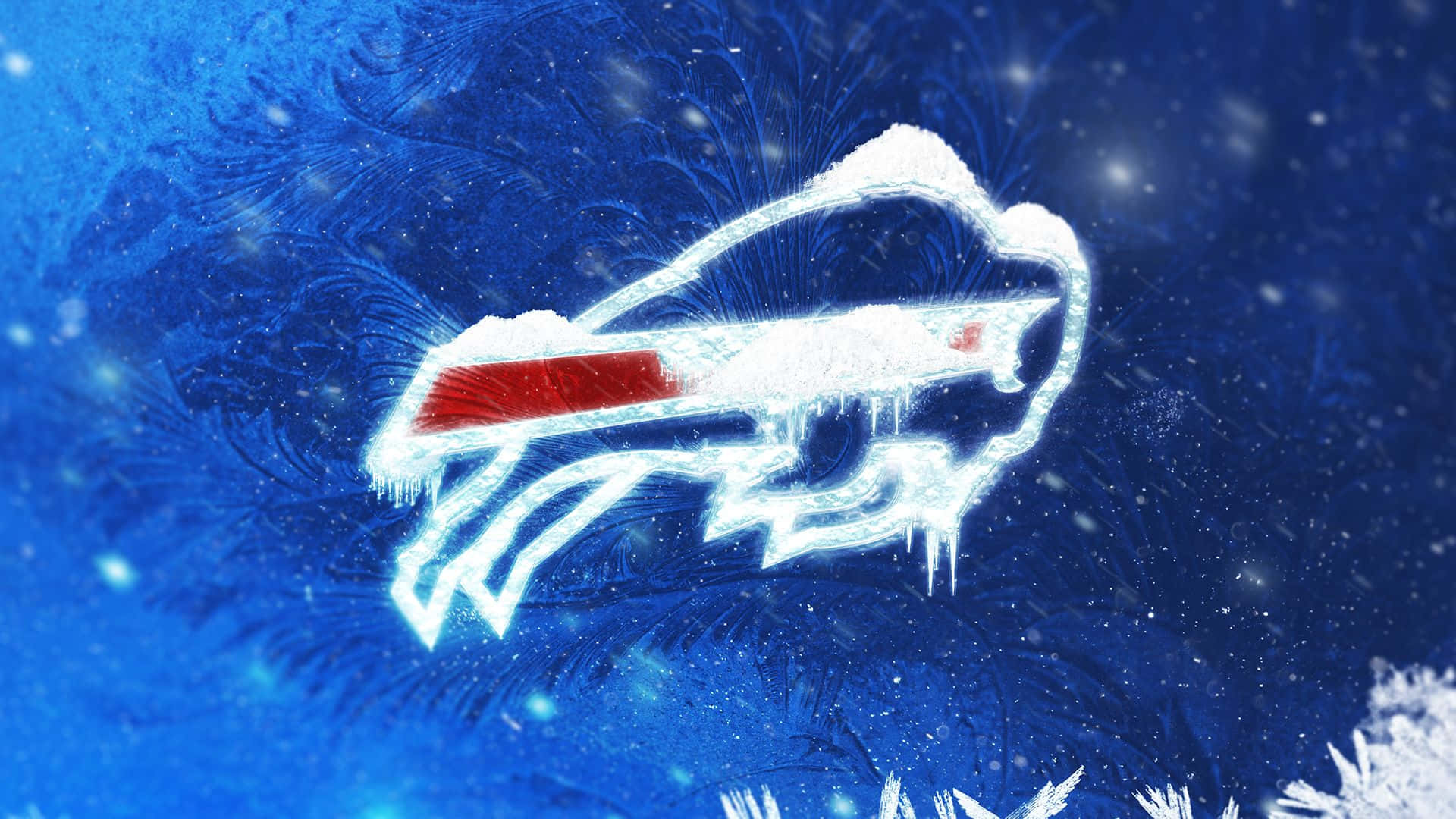 Buffalo Bills標誌覆蓋著霜和雪花，背景為藍色冰面。 — 水牛城比爾 GIF 壁紙