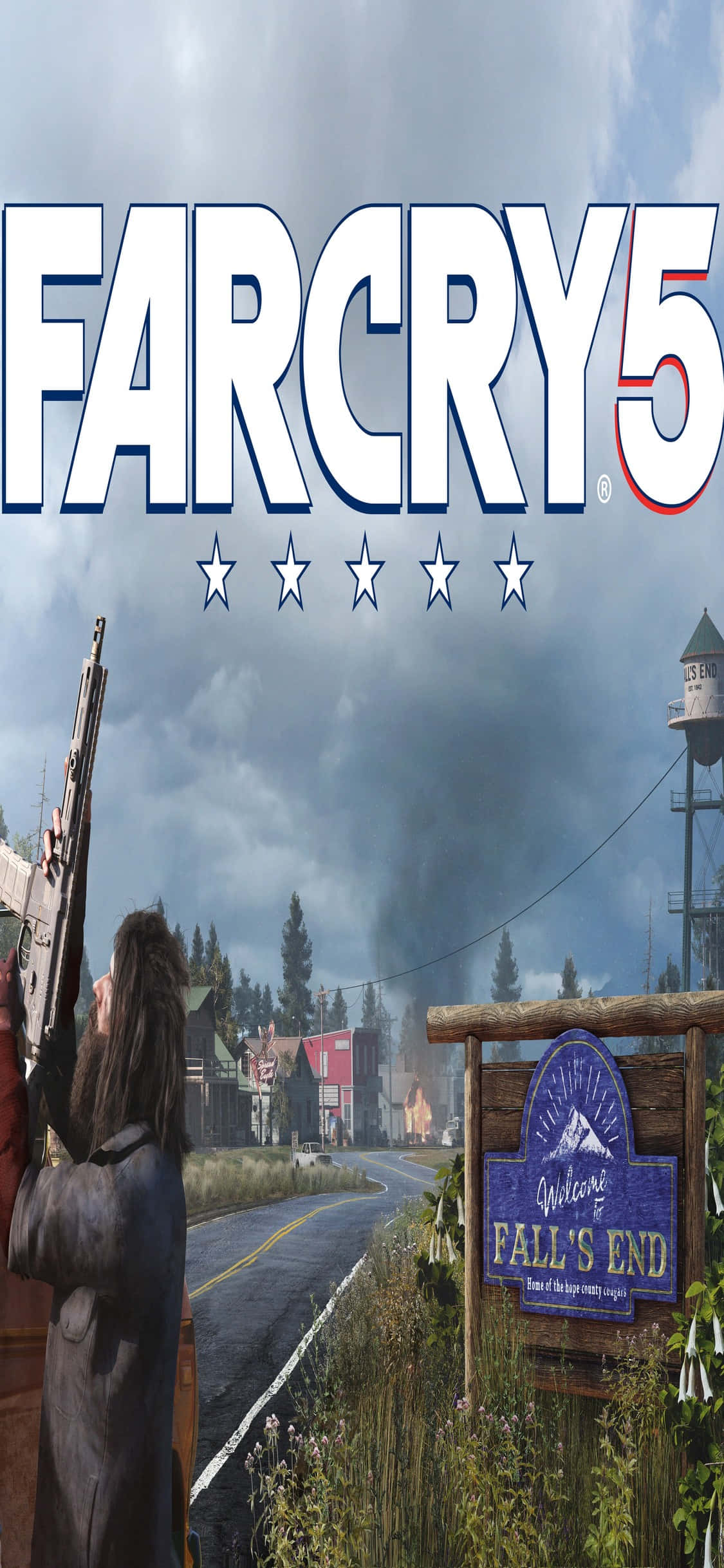 iPhone Xs Far Cry 5 桌布 壁紙 — 一個角色在Fall's End標誌附近持步槍，煙霧在陰天下從鄉村小鎮升起。