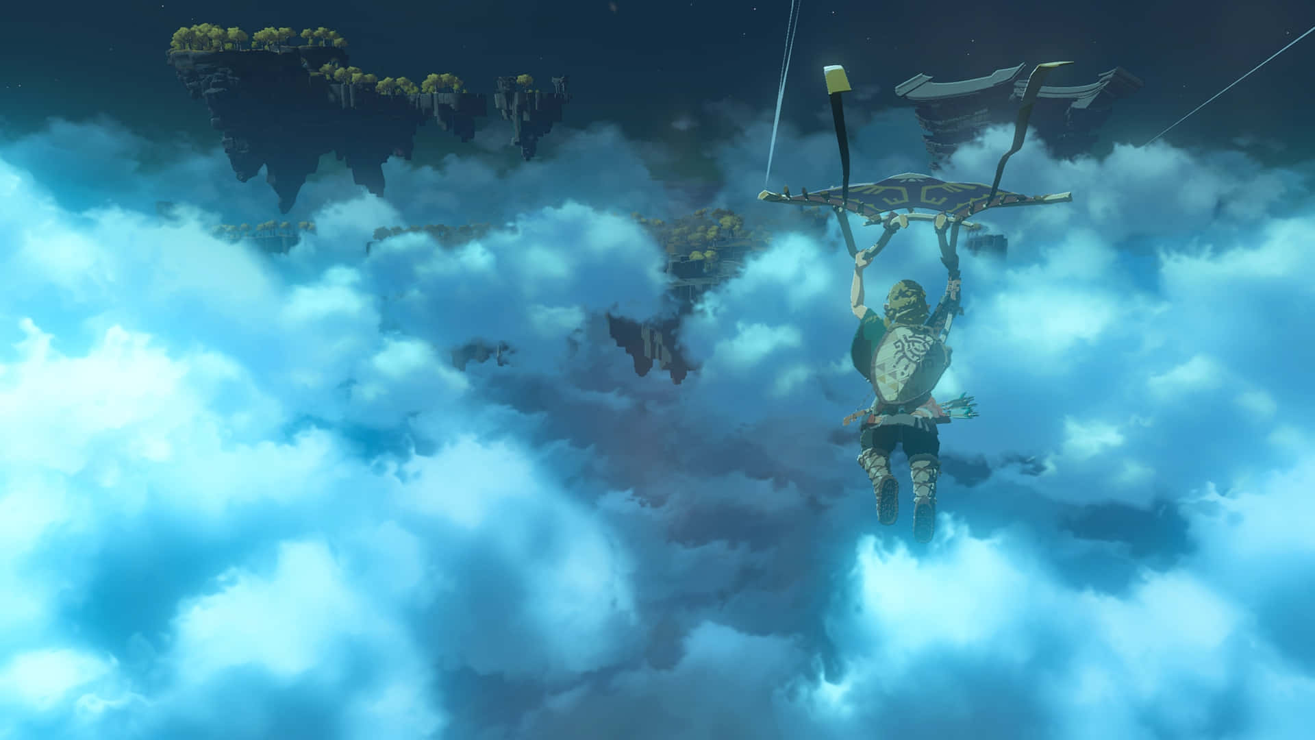 The Legend Of Zelda Tears Of The Kingdom 桌布 壁紙 — 一個角色在星空下，於發光的藍色雲層中滑翔，飛越帶有古代遺跡的浮空島嶼。