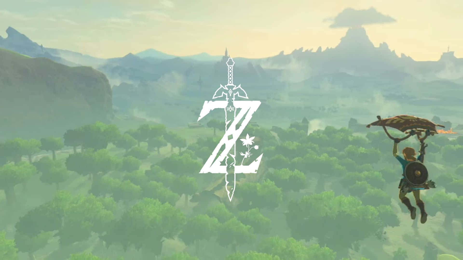 Breath Of The Wild 桌布 壁紙 — 一個角色在茂密的綠色森林上空滑翔，一個大劍標誌懸浮在遠處山脈之上，天空帶有薄霧。