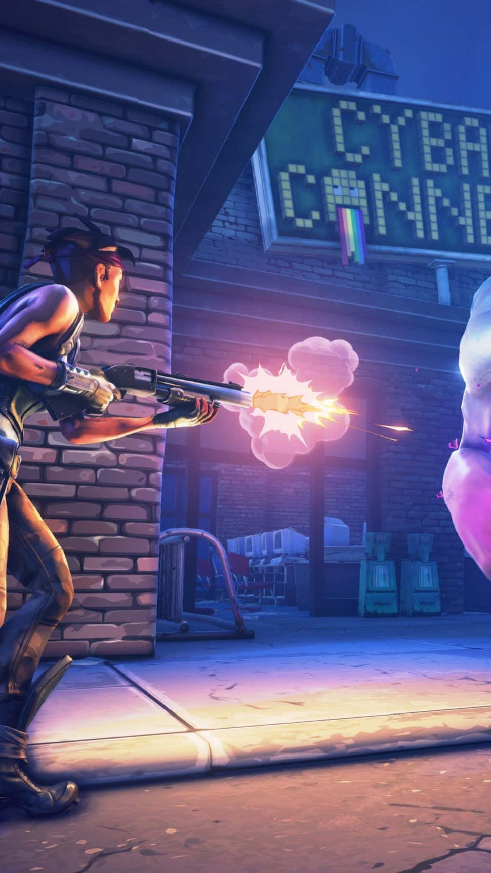 Fortnite Phone 桌布 壁紙 — 一個角色在霓虹燈照亮的城市小巷中，上方有「CYBA CANN」招牌，發射一把發光武器。