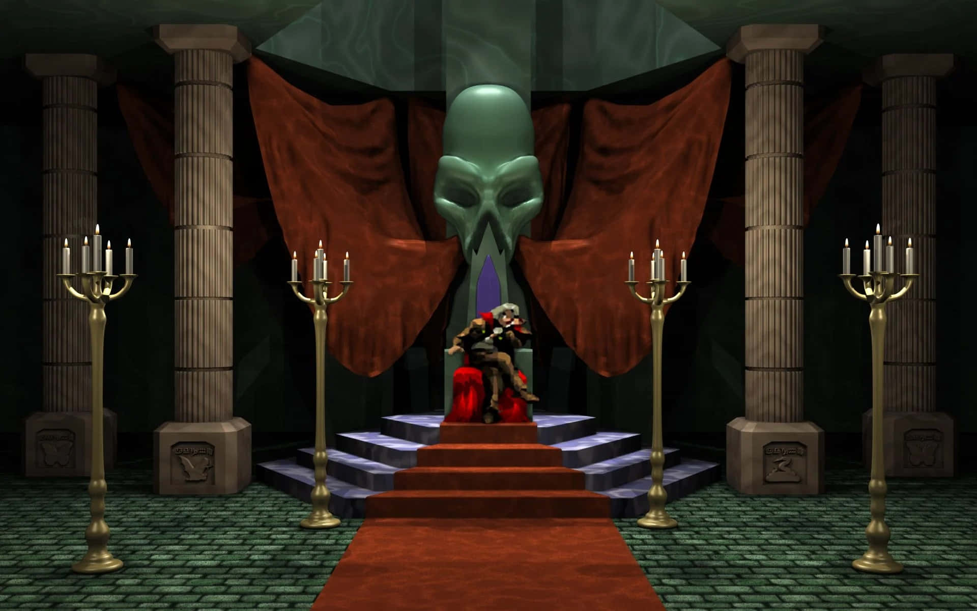 Castlevania 桌布 壁紙 — 一個角色坐在一個巨大的綠色頭骨下的王座上，位於一個黑暗的大教堂式大廳，有紅色窗簾和燭台。