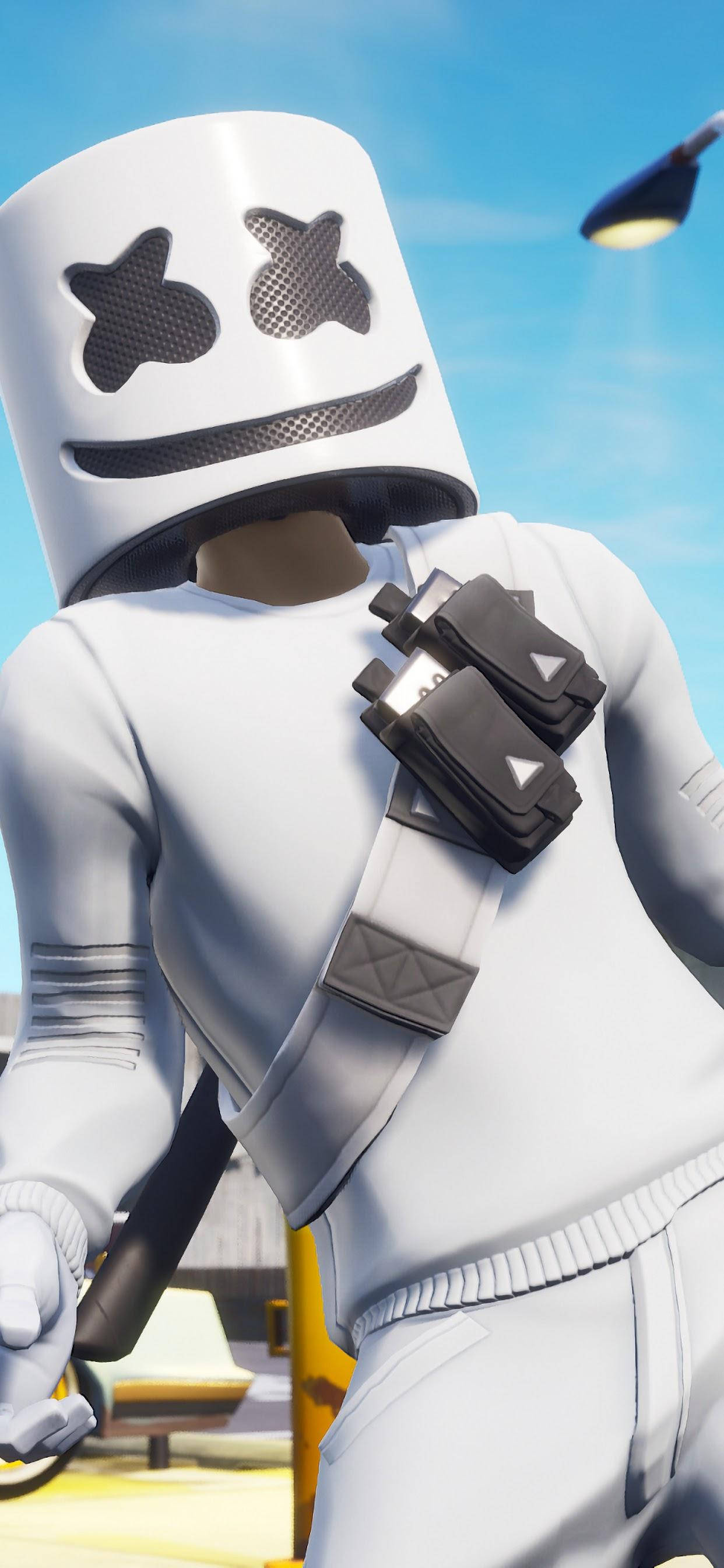 marshmello iPhone 桌布 壁紙 — 一個角色戴著白色棉花糖頭盔，有星星眼睛和微笑，站在明亮的戶外環境中。