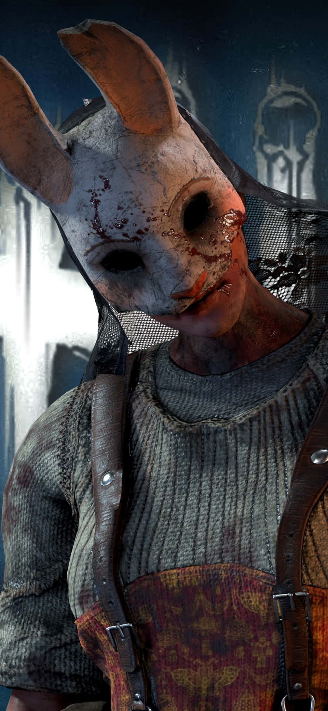 Dead By Daylight Killers 桌布 壁紙 — 一個角色戴著破爛的兔子面具，上面有血跡，並戴著網狀頭罩，背景陰暗詭異。