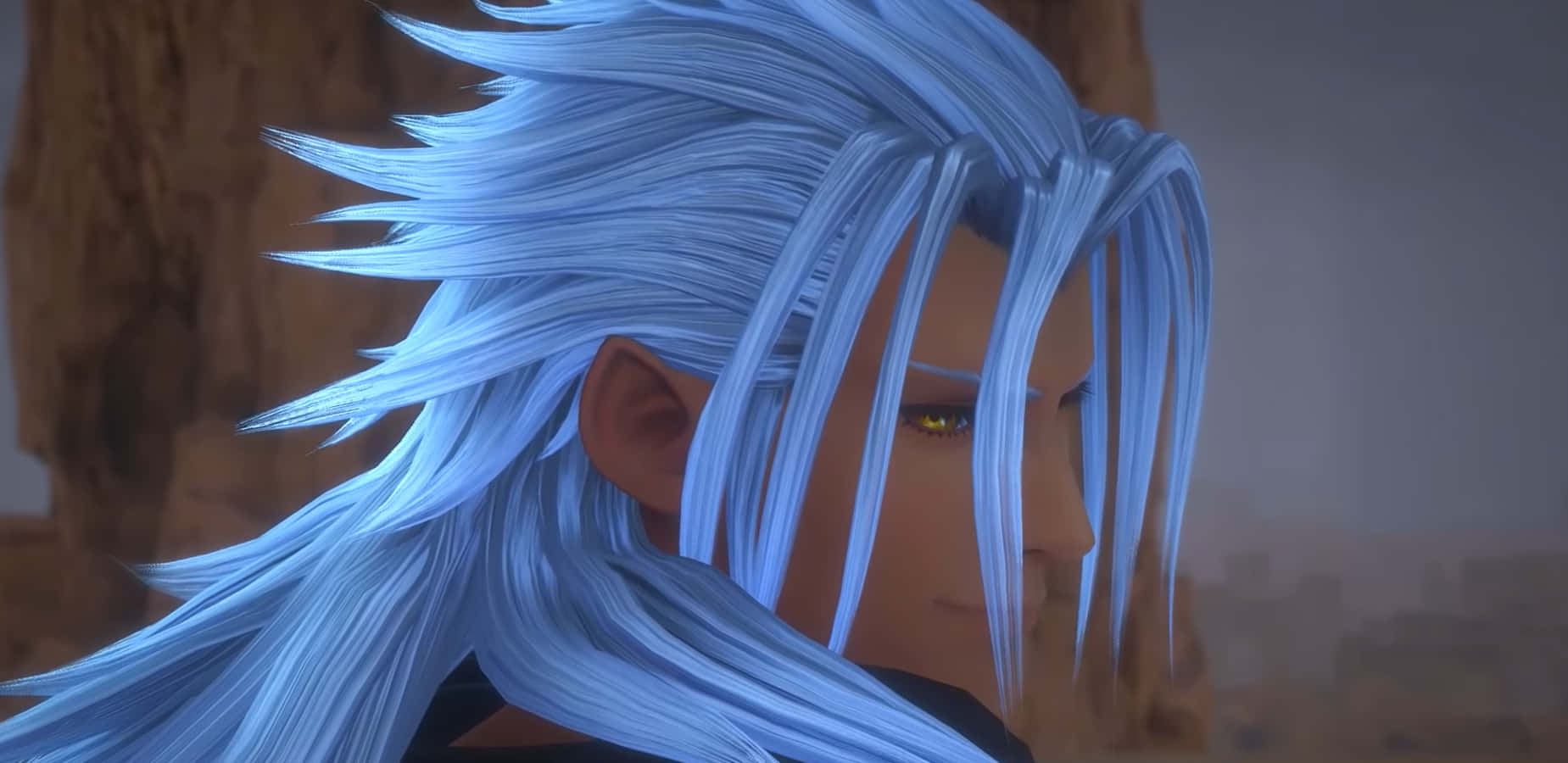 Kingdom Hearts Xemnas 桌布 壁紙 — 一個角色的特寫，他有尖尖的藍色頭髮和金色眼睛，在一個霧氣瀰漫的岩石環境中。