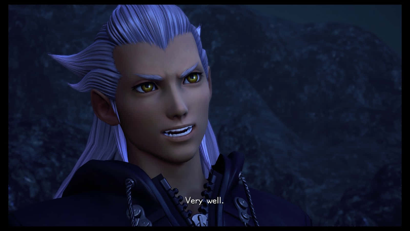 Ansem Seeker Of Darkness 桌布 壁紙 — 一個角色的特寫，他有尖尖的銀色頭髮和發光的黃色眼睛，背景是黑暗的岩石。