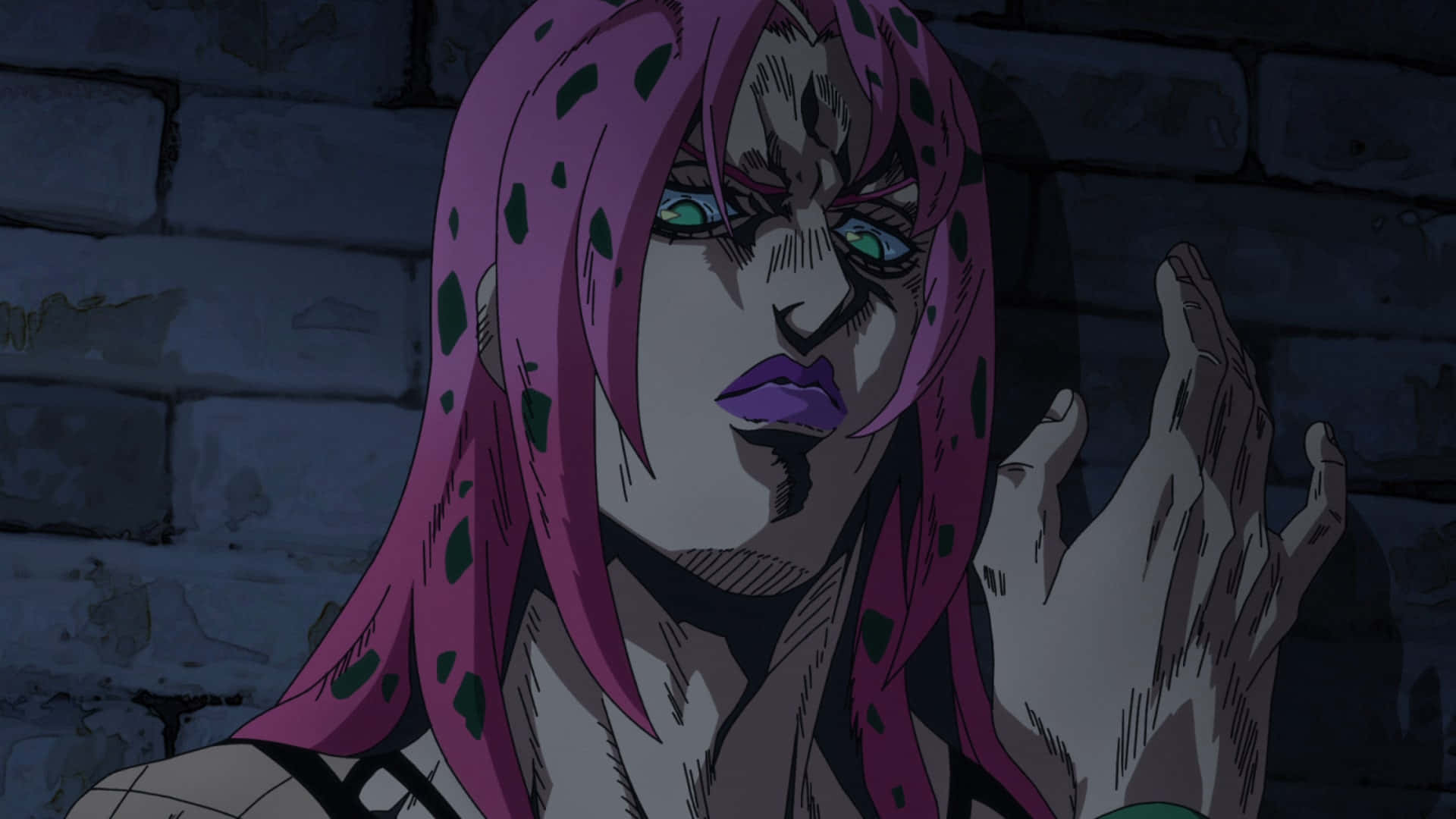Jojo's Bizarre Adventure Diavolo 桌布 壁紙 — 一個角色的特寫，粉紅色頭髮和綠色眼睛，背景是黑暗的磚牆，在一個戲劇性的動畫場景中。