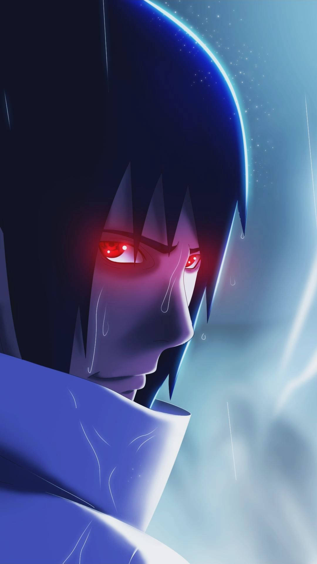 sasuke pfp 桌布 壁紙 — 一個角色的特寫動畫肖像，有發光的紅眼睛和眼淚，在藍色發光背景前落下。