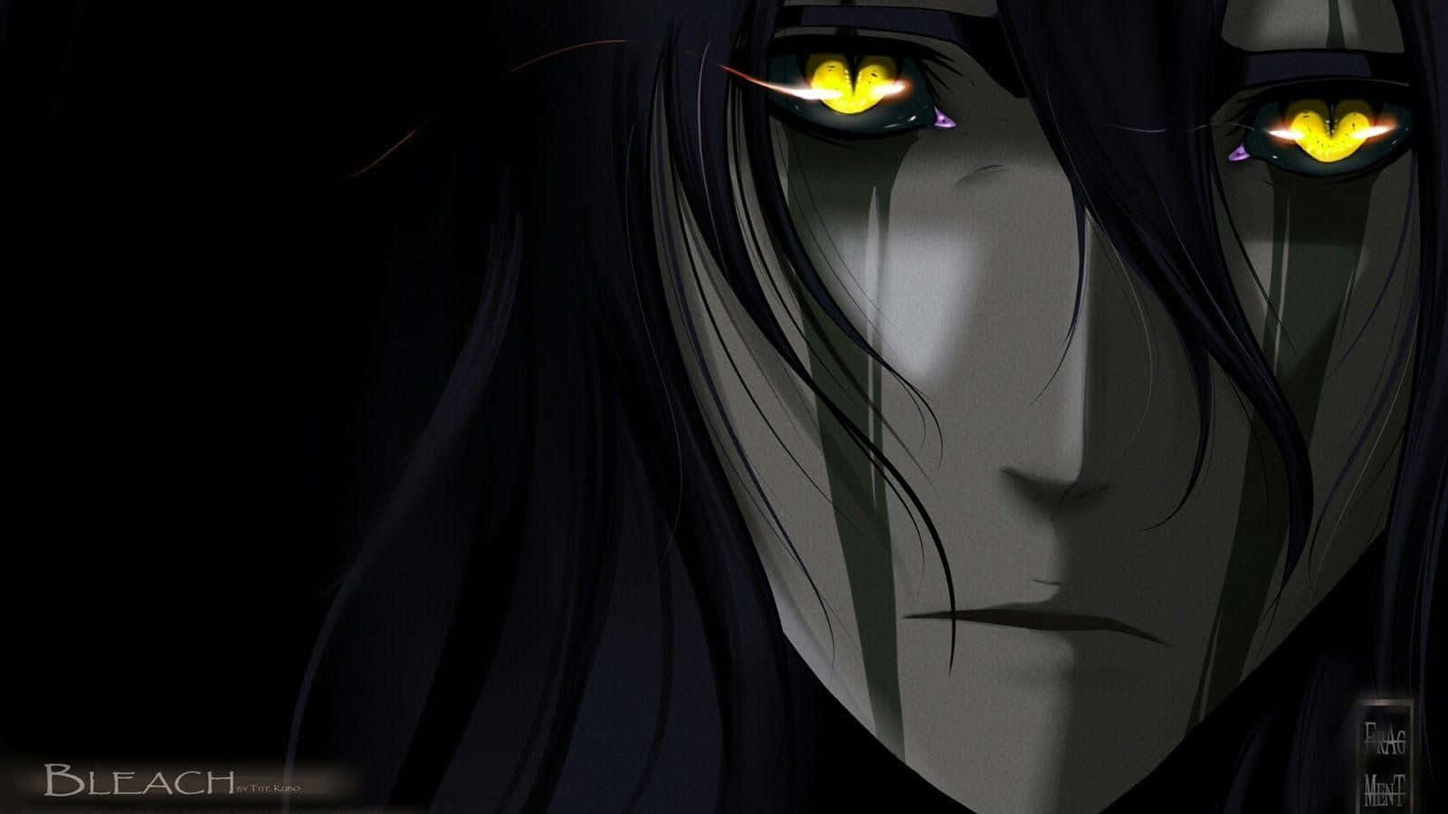 Ulquiorra Cifer 桌布 壁紙 — 一個角色的近距離動畫肖像，擁有發光的黃色眼睛和長長的黑色頭髮，背景是黑暗的。