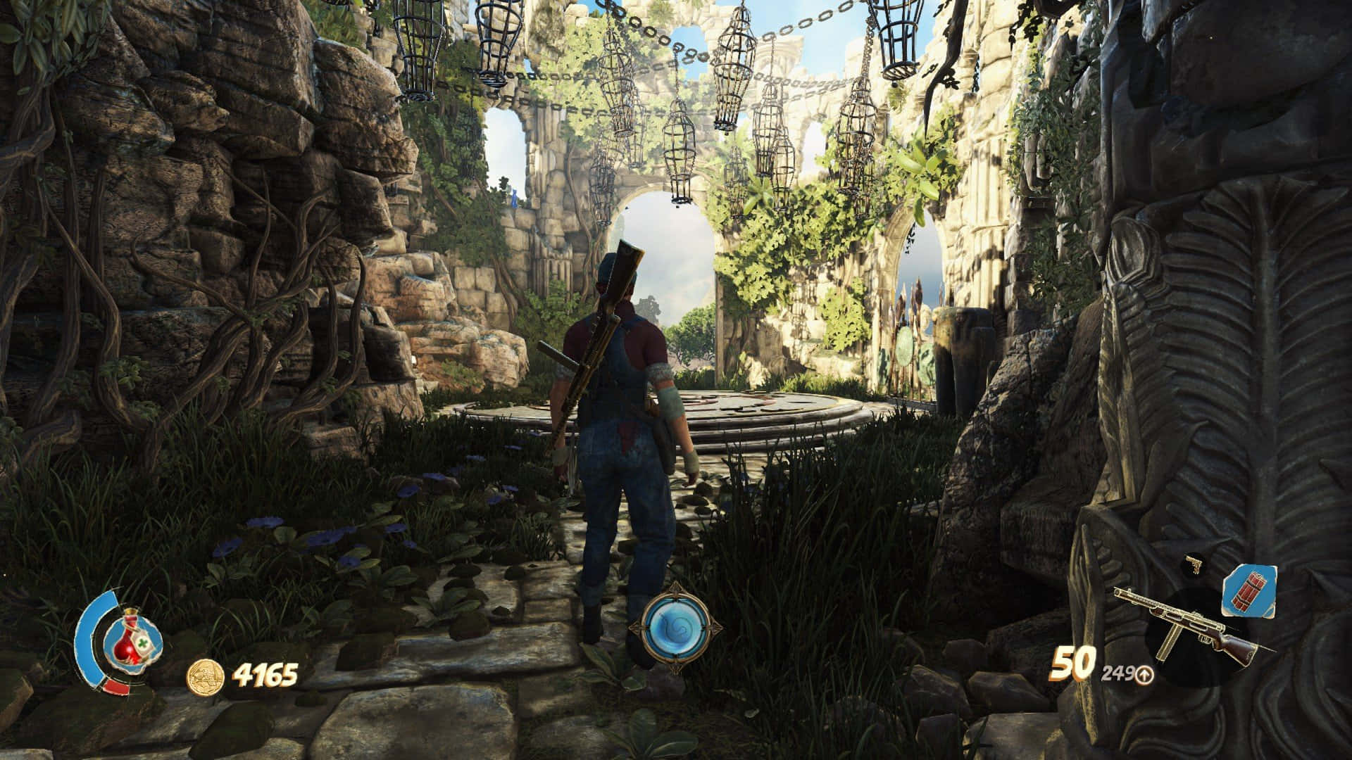 1920x1080 Strange Brigade 桌布 壁紙 — 一個角色走過陽光普照的叢林廢墟，掛著燈籠和石頭小徑。