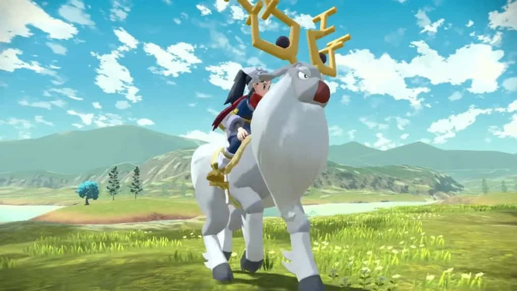Pokemon Aesthetic 桌布 壁紙 — 一個角色騎著一頭白色馴鹿，鹿角金色，穿過陽光明媚的草地，藍天白雲。