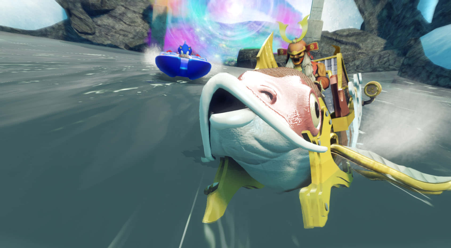 Sonic And All-stars Racing Transformed 桌布 壁紙 — 一個角色騎著巨型魚形交通工具穿過冰冷水域，背景有發光傳送門。